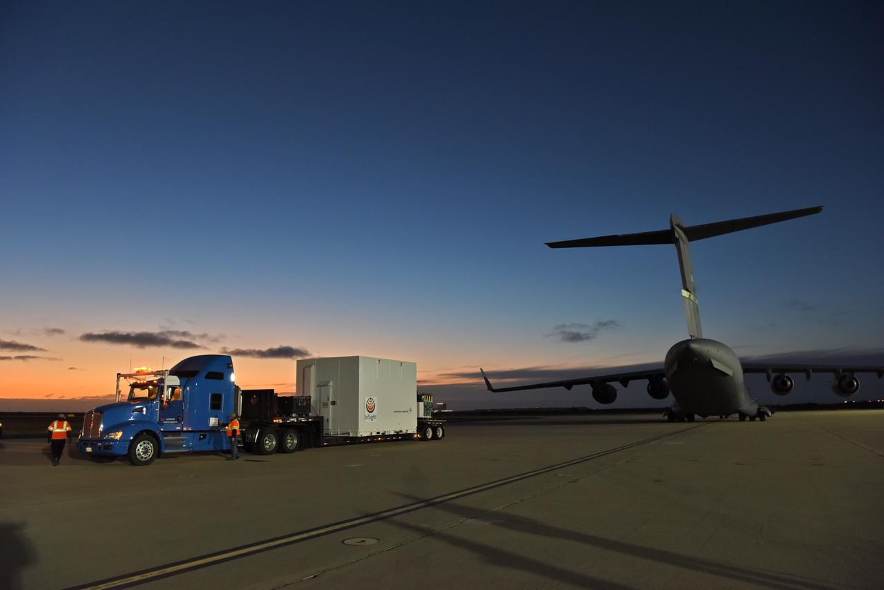 After a U.S. Air Force C-17 aircraft arrived at Vandenberg Air Force Base in California, ground crews loaded NASA's Interior Exploration using Seismic Investigations, Geodesy and Heat Transport, or InSight, spacecraft in a transport truck for delivery to the Astrotech processing facility. InSight was developed and built by Lockheed-Martin Space Systems in Denver, Colorado, and is scheduled for liftoff is May 5, 2018. InSight is the first mission to land on Mars and explore the Red Planet's deep interior. It will investigate processes that shaped the rocky planets of the inner solar system including Earth.