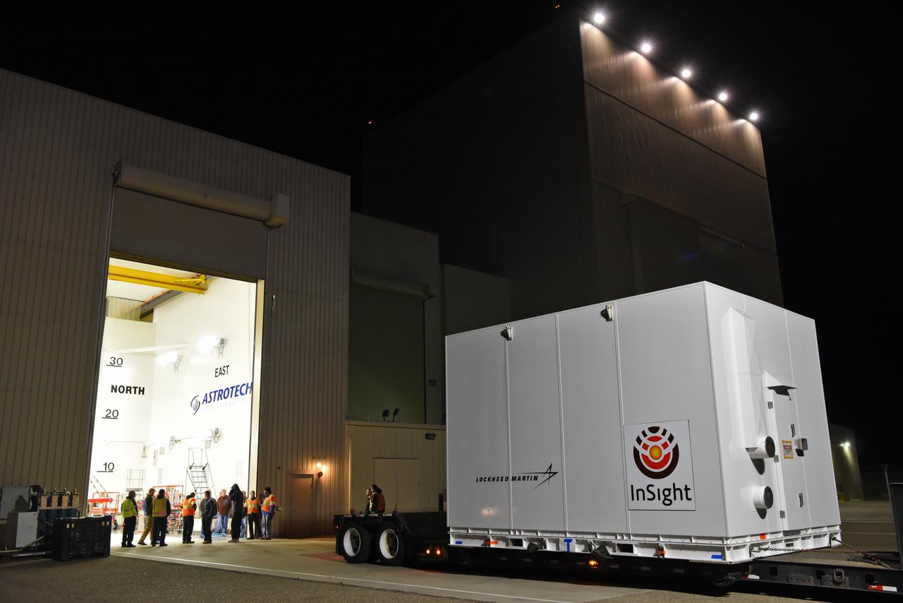 At Vandenberg Air Force Base in California, NASA's Interior Exploration using Seismic Investigations, Geodesy and Heat Transport, or InSight, spacecraft arrives at the Astrotech processing facility. InSight was developed and built by Lockheed-Martin Space Systems in Denver, Colorado, and is scheduled for liftoff is May 5, 2018. InSight is the first mission to land on Mars and explore the Red Planet's deep interior. It will investigate processes that shaped the rocky planets of the inner solar system including Earth.