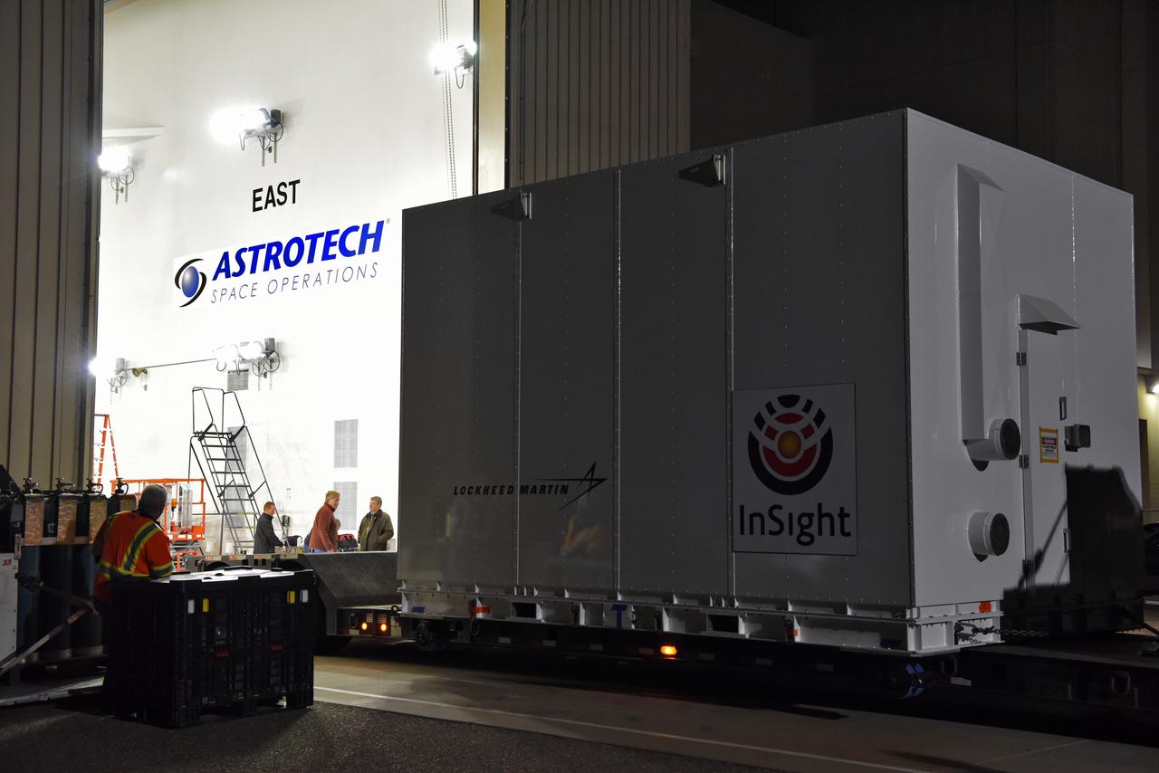 At Vandenberg Air Force Base in California, NASA's Interior Exploration using Seismic Investigations, Geodesy and Heat Transport, or InSight, spacecraft arrives at the Astrotech processing facility. InSight was developed and built by Lockheed-Martin Space Systems in Denver, Colorado, and is scheduled for liftoff is May 5, 2018. InSight is the first mission to land on Mars and explore the Red Planet's deep interior. It will investigate processes that shaped the rocky planets of the inner solar system including Earth.