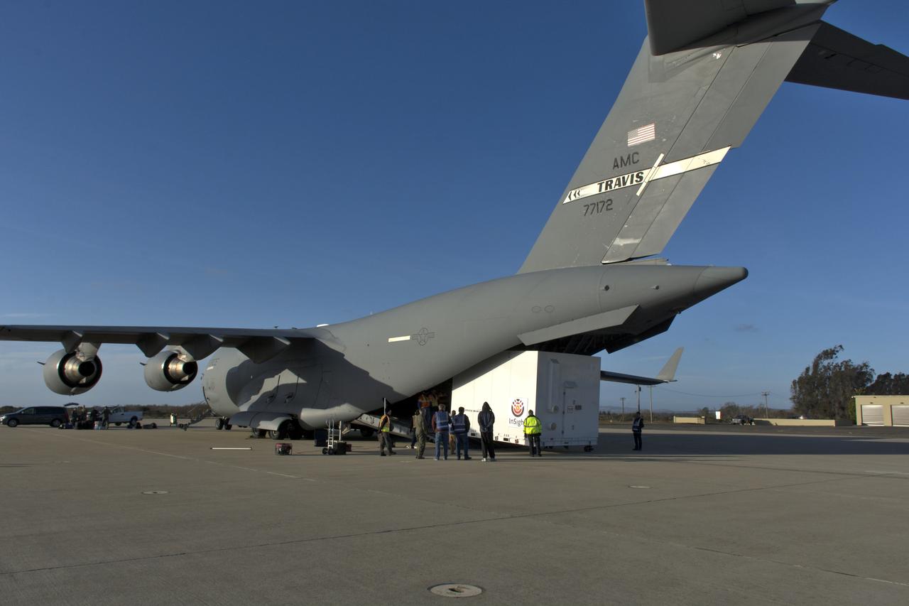 After a U.S. Air Force C-17 aircraft arrived at Vandenberg Air Force Base in California, ground crews offload NASA's Interior Exploration using Seismic Investigations, Geodesy and Heat Transport, or InSight, spacecraft designed to land on Mars. InSight was developed and built by Lockheed-Martin Space Systems in Denver, Colorado, and is scheduled for liftoff is May 5, 2018. InSight is the first mission to explore the Red Planet's deep interior. It will investigate processes that shaped the rocky planets of the inner solar system including Earth. 