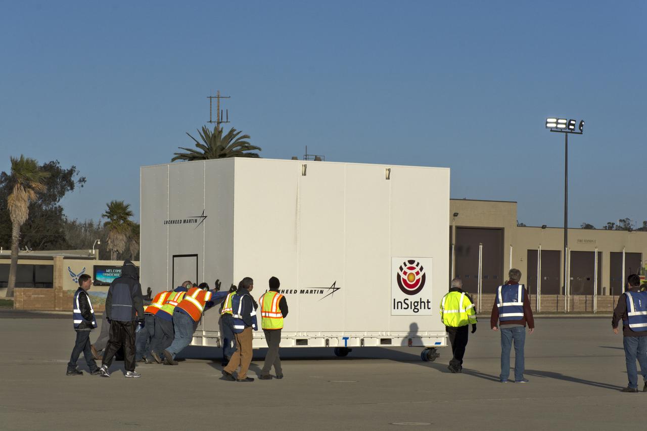 After arrival at Vandenberg Air Force Base in California, ground crews prepare NASA's Interior Exploration using Seismic Investigations, Geodesy and Heat Transport, or InSight, spacecraft for transportation to the Astrotech processing facility. InSight was developed and built by Lockheed-Martin Space Systems in Denver, Colorado, and is scheduled for liftoff is May 5, 2018. InSight is the first mission to explore the deep interior of Mars. It will investigate processes that shaped the rocky planets of the inner solar system including Earth.