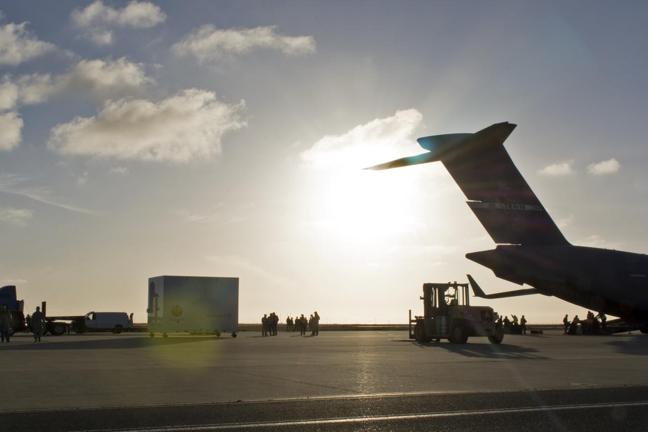 After a U.S. Air Force C-17 aircraft arrived at Vandenberg Air Force Base in California, ground crews offload NASA's Interior Exploration using Seismic Investigations, Geodesy and Heat Transport, or InSight, spacecraft designed to land on Mars. InSight was developed and built by Lockheed-Martin Space Systems in Denver, Colorado, and is scheduled for liftoff is May 5, 2018. InSight is the first mission to explore the Red Planet's deep interior. It will investigate processes that shaped the rocky planets of the inner solar system including Earth. 