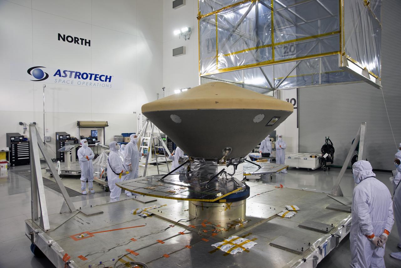 Inside the Astrotech processing facility at Vandenberg Air Force Base in California, the heatshield for NASA's Interior Exploration using Seismic Investigations, Geodesy and Heat Transport, or InSight, spacecraft has been removed from protective wrapping. InSight was developed and built by Lockheed-Martin Space Systems in Denver, Colorado, and is scheduled for liftoff is May 5, 2018. InSight is the first mission to land on Mars and explore the Red Planet's deep interior. It will investigate processes that shaped the rocky planets of the inner solar system including Earth.