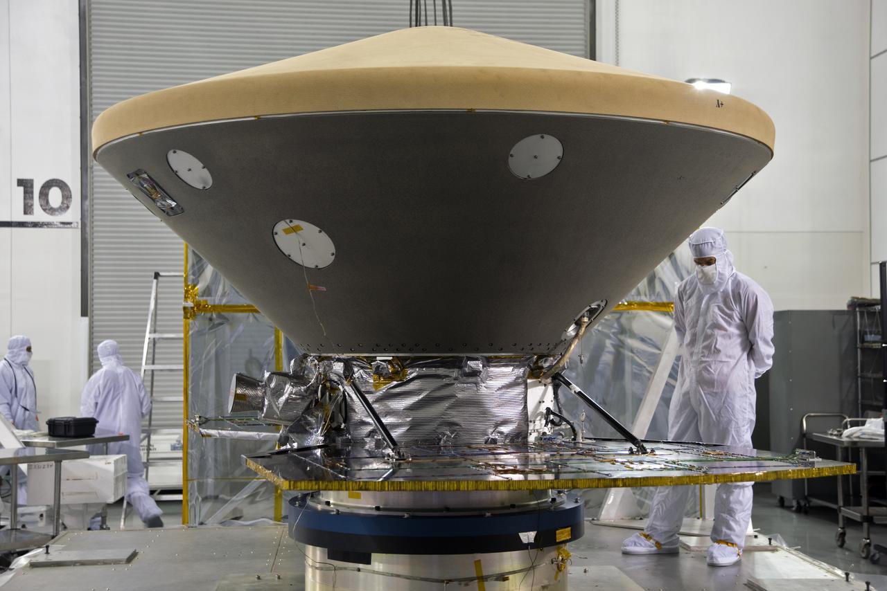 Inside the Astrotech processing facility at Vandenberg Air Force Base in California, the heatshield for NASA's Interior Exploration using Seismic Investigations, Geodesy and Heat Transport, or InSight, spacecraft has been removed from protective wrapping. InSight was developed and built by Lockheed-Martin Space Systems in Denver, Colorado, and is scheduled for liftoff is May 5, 2018. InSight is the first mission to land on Mars and explore the Red Planet's deep interior. It will investigate processes that shaped the rocky planets of the inner solar system including Earth.