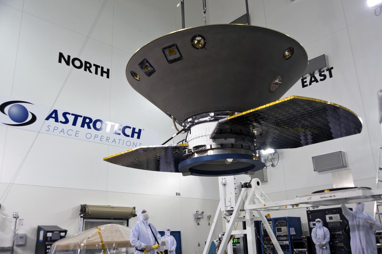 Inside the Astrotech processing facility at Vandenberg Air Force Base in California, NASA's Interior Exploration using Seismic Investigations, Geodesy and Heat Transport, or InSight, spacecraft is lifted for mounting on to a rotation fixture for further testing. InSight was developed and built by Lockheed-Martin Space Systems in Denver, Colorado, and is scheduled for liftoff is May 5, 2018. InSight is the first mission to land on Mars and explore the Red Planet's deep interior. It will investigate processes that shaped the rocky planets of the inner solar system including Earth.