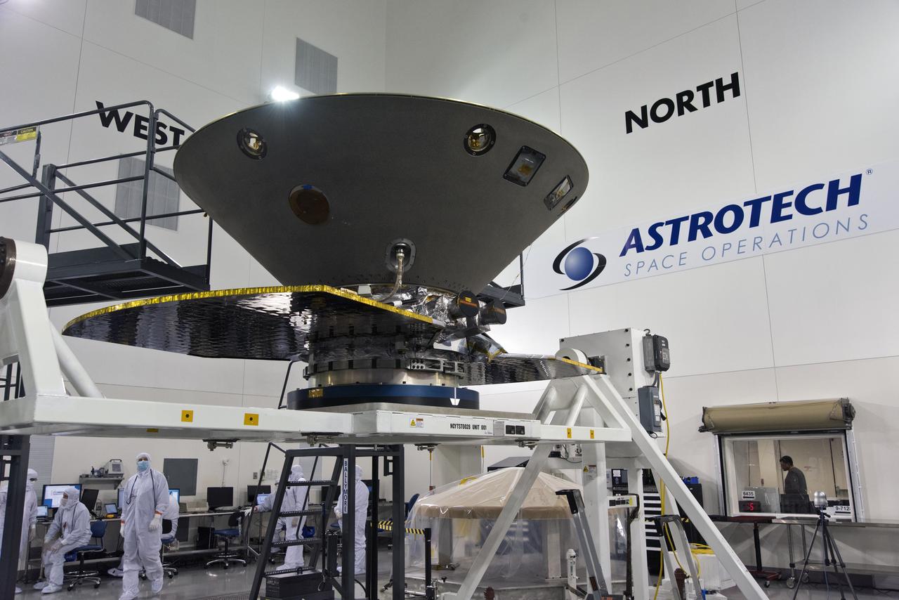 Inside the Astrotech processing facility at Vandenberg Air Force Base in California, NASA's Interior Exploration using Seismic Investigations, Geodesy and Heat Transport, or InSight, spacecraft has been mounted on to a rotation fixture for further testing. InSight was developed and built by Lockheed-Martin Space Systems in Denver, Colorado, and is scheduled for liftoff is May 5, 2018. InSight is the first mission to land on Mars and explore the Red Planet's deep interior. It will investigate processes that shaped the rocky planets of the inner solar system including Earth.
