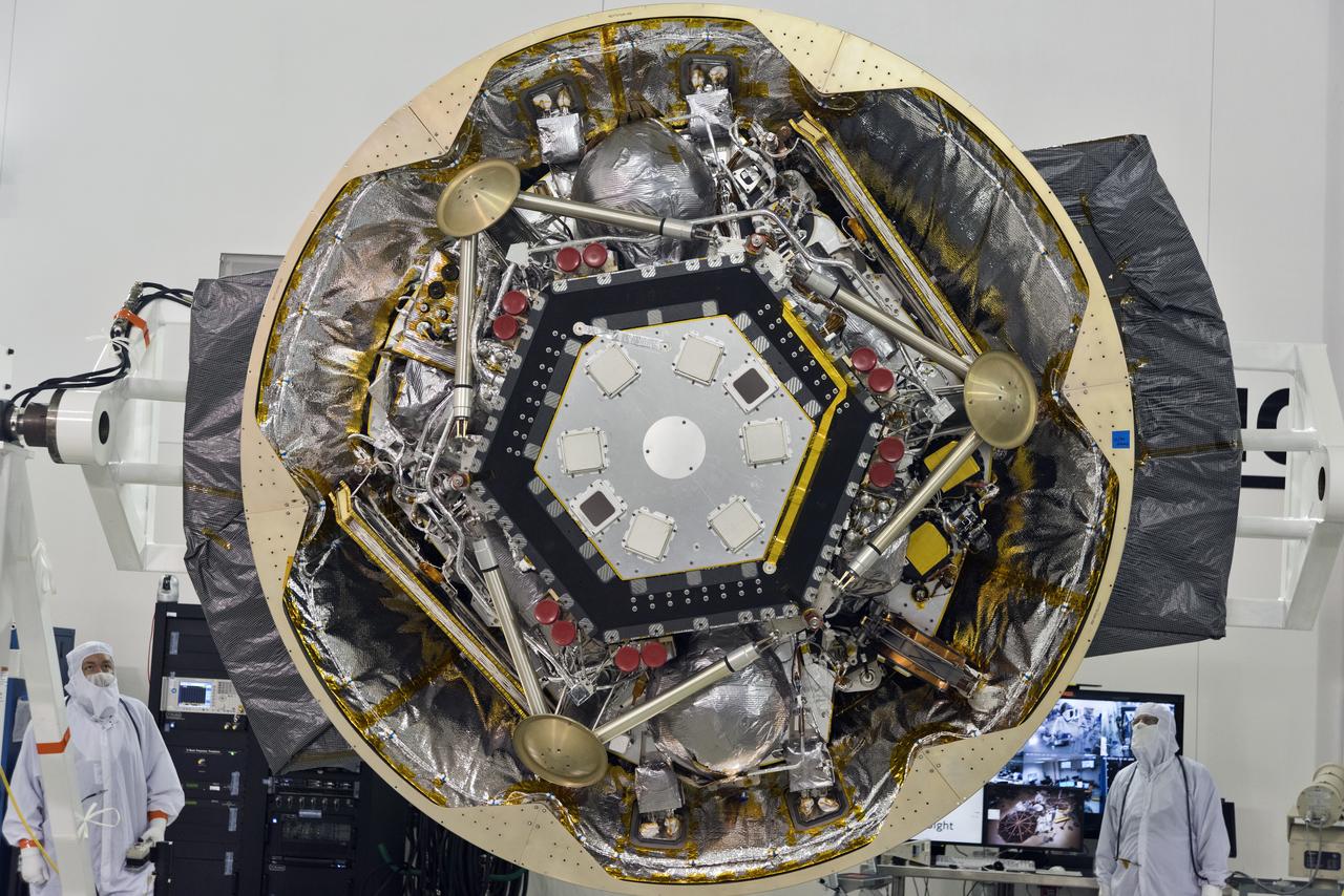 Inside the Astrotech processing facility at Vandenberg Air Force Base in California, NASA's Interior Exploration using Seismic Investigations, Geodesy and Heat Transport, or InSight, spacecraft is rotated on a fixture for further testing. InSight was developed and built by Lockheed-Martin Space Systems in Denver, Colorado, and is scheduled for liftoff is May 5, 2018. InSight is the first mission to land on Mars and explore the Red Planet's deep interior. It will investigate processes that shaped the rocky planets of the inner solar system including Earth.