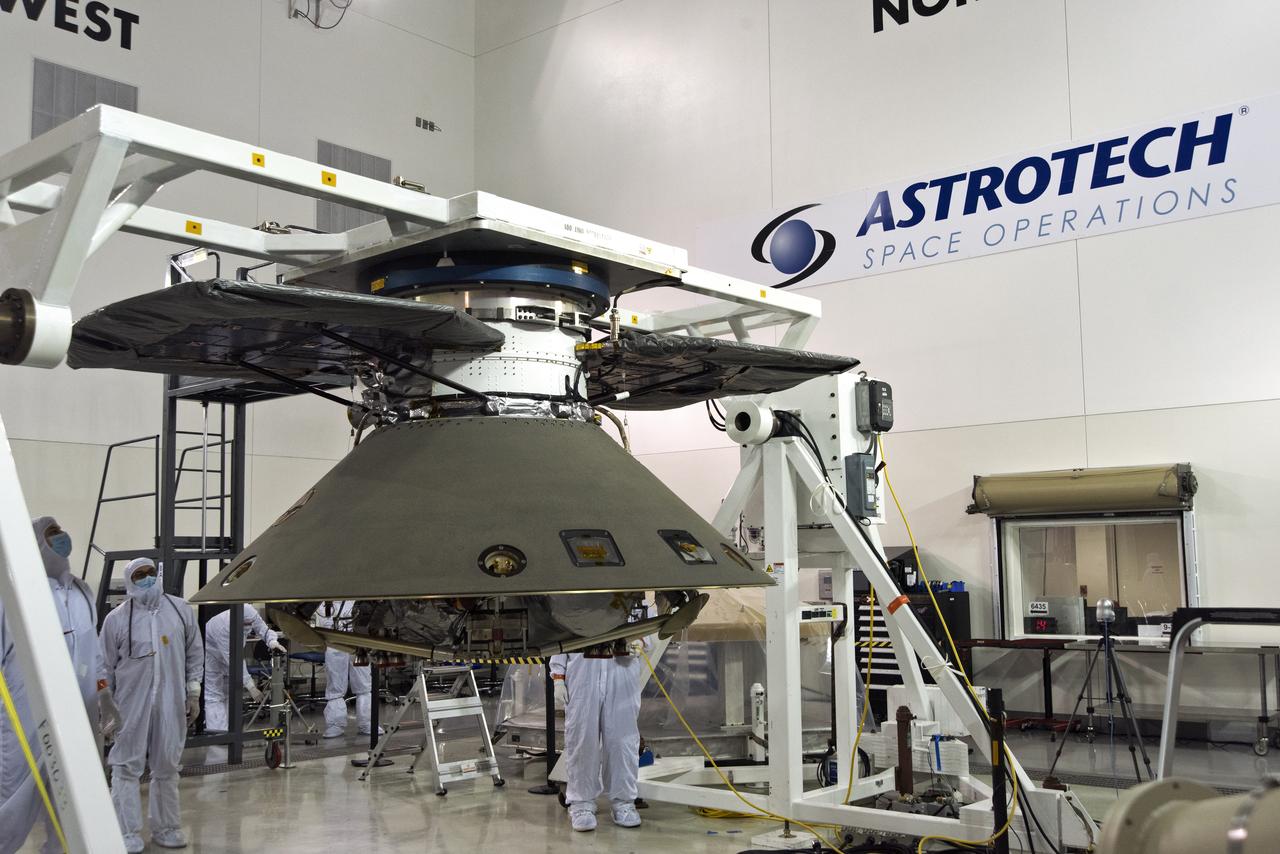 Inside the Astrotech processing facility at Vandenberg Air Force Base in California, NASA's Interior Exploration using Seismic Investigations, Geodesy and Heat Transport, or InSight, spacecraft has been rotated on a fixture for further testing. InSight was developed and built by Lockheed-Martin Space Systems in Denver, Colorado, and is scheduled for liftoff is May 5, 2018. InSight is the first mission to land on Mars and explore the Red Planet's deep interior. It will investigate processes that shaped the rocky planets of the inner solar system including Earth.