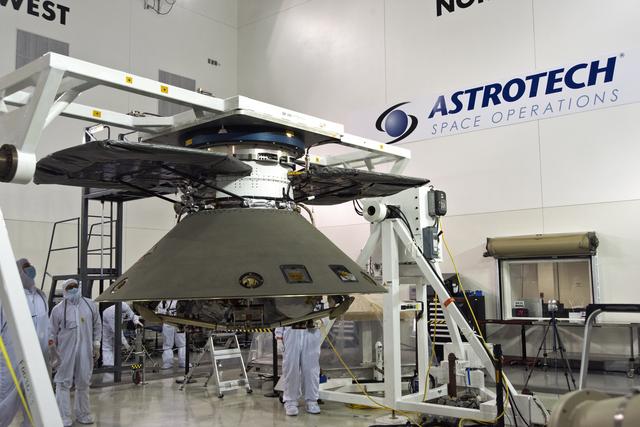 NASA image: InSight Spacecraft Lift to Rotation Fixture