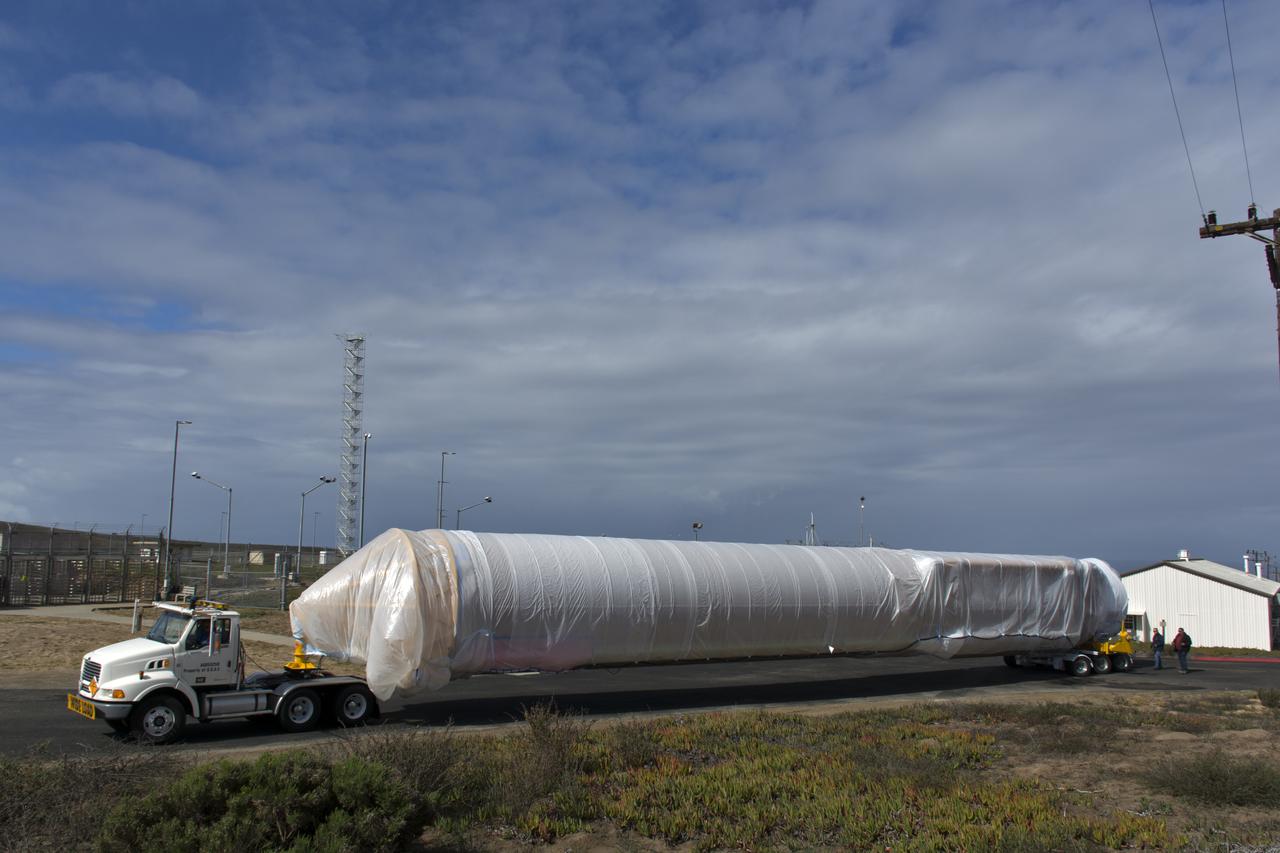 A United Launch Alliance Atlas V booster is transported to Space Launch Complex 3 at Vandenberg Air Force Base in California. The rocket will launch NASA's Interior Exploration using Seismic Investigations, Geodesy and Heat Transport, or InSight, mission to land on Mars. InSight is the first mission to explore the Red Planet's deep interior. It will investigate processes that shaped the rocky planets of the inner solar system including Earth. Liftoff is scheduled for May 5, 2018.