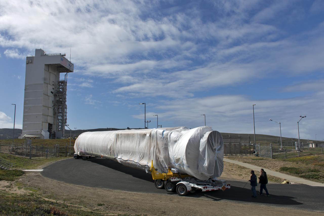 A United Launch Alliance Atlas V booster arrives at Space Launch Complex 3 at Vandenberg Air Force Base in California. The rocket will be positioned on the pad to launch NASA's Interior Exploration using Seismic Investigations, Geodesy and Heat Transport, or InSight, mission to land on Mars. InSight is the first mission to explore the Red Planet's deep interior. It will investigate processes that shaped the rocky planets of the inner solar system including Earth. Liftoff is scheduled for May 5, 2018.