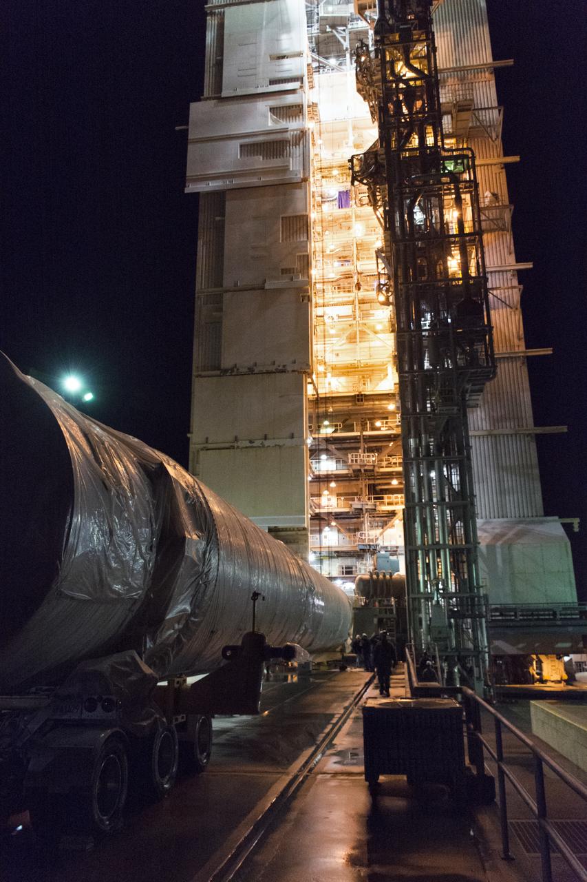 A United Launch Alliance Atlas V booster arrives at Space Launch Complex 3 at Vandenberg Air Force Base in California. The rocket will launch NASA's Interior Exploration using Seismic Investigations, Geodesy and Heat Transport, or InSight, mission to land on Mars. InSight is the first mission to explore the Red Planet's deep interior. It will investigate processes that shaped the rocky planets of the inner solar system including Earth. Liftoff is scheduled for May 5, 2018.