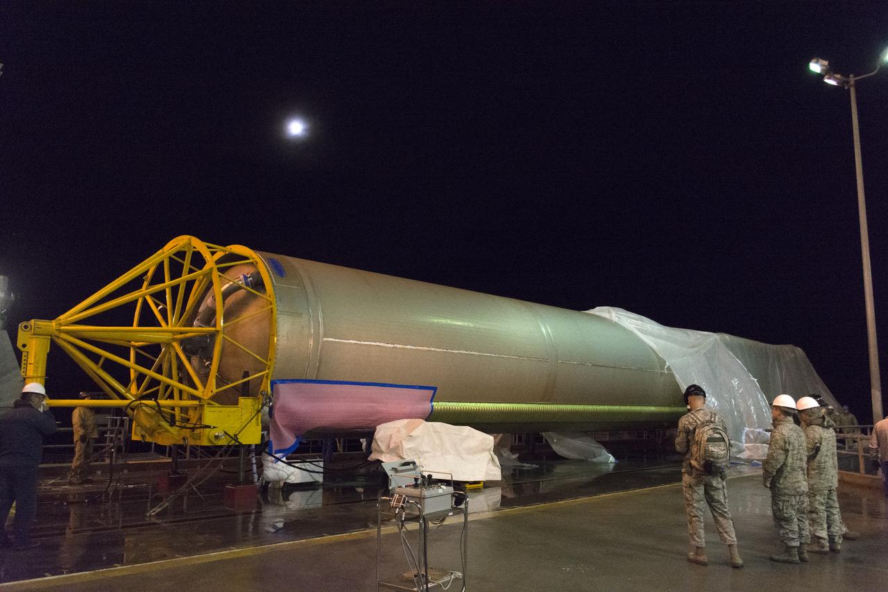 A United Launch Alliance Atlas V booster arrives at Space Launch Complex 3 at Vandenberg Air Force Base in California. The rocket will launch NASA's Interior Exploration using Seismic Investigations, Geodesy and Heat Transport, or InSight, mission to land on Mars. InSight is the first mission to explore the Red Planet's deep interior. It will investigate processes that shaped the rocky planets of the inner solar system including Earth. Liftoff is scheduled for May 5, 2018.