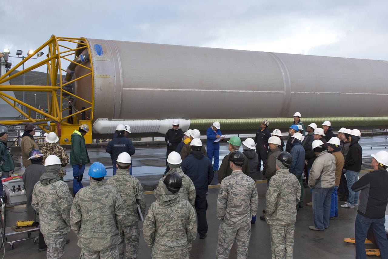 Technicians, engineers and U.S. Air Force personnel prepare to support erection of a United Launch Alliance Atlas V booster at Space Launch Complex 3 at Vandenberg Air Force Base in California. The rocket will launch NASA's Interior Exploration using Seismic Investigations, Geodesy and Heat Transport, or InSight, mission to land on Mars. InSight is the first mission to explore the Red Planet's deep interior. It will investigate processes that shaped the rocky planets of the inner solar system including Earth. Liftoff is scheduled for May 5, 2018.