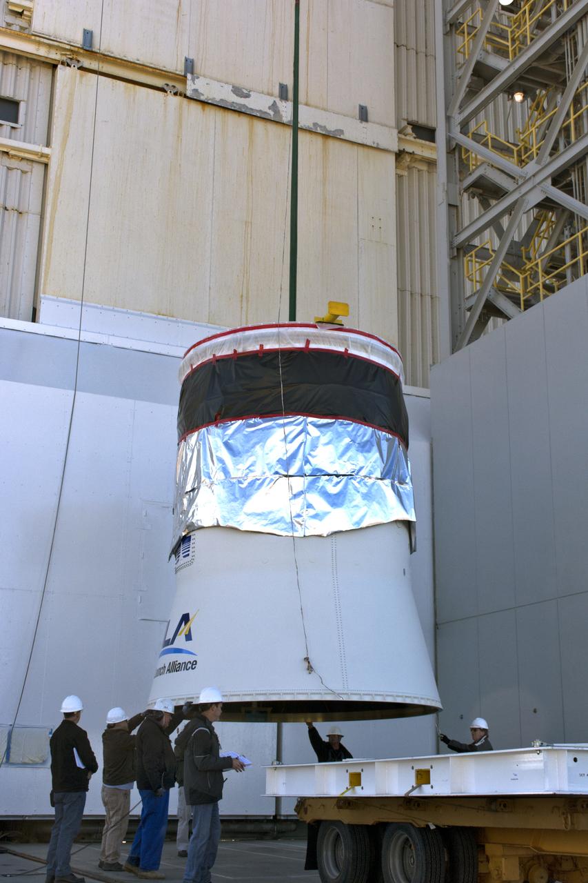 At Space Launch Complex 3 at Vandenberg Air Force Base in California, the aft stub adapter (ASA) and interstage adapter (ISA) for a United Launch Alliance (ULA) Atlas V are lifted by crane for mating atop a Centaur upper stage. The launch vehicle will send NASA's Interior Exploration using Seismic Investigations, Geodesy and Heat Transport, or InSight, spacecraft to land on Mars. InSight is the first mission to explore the Red Planet's deep interior. InSight is scheduled for liftoff May 5, 2018. InSight will be the first mission to look deep beneath the Martian surface. It will study the planet's interior by measuring its heat output and listen for marsquakes. InSight will use the seismic waves generated by marsquakes to develop a map of the planet’s deep interior. The resulting insight into Mars’ formation will provide a better understanding of how other rocky planets, including Earth, were created. NASA’s Jet Propulsion Laboratory in Pasadena, California, manages the InSight mission for the agency’s Science Mission Directorate. InSight is part of NASA's Discovery Program, managed by its Marshall Space Flight Center in Huntsville, Alabama. The spacecraft, including cruise stage and lander, was built and tested by Lockheed Martin Space in Denver. Several European partners, including France's space agency, the Centre National d'Étude Spatiales, and the German Aerospace Center, are supporting the mission. United Launch Alliance of Centennial, Colorado, is providing the Atlas V launch service. NASA’s Launch Services Program, based at its Kennedy Space Center in Florida, is responsible for launch management.