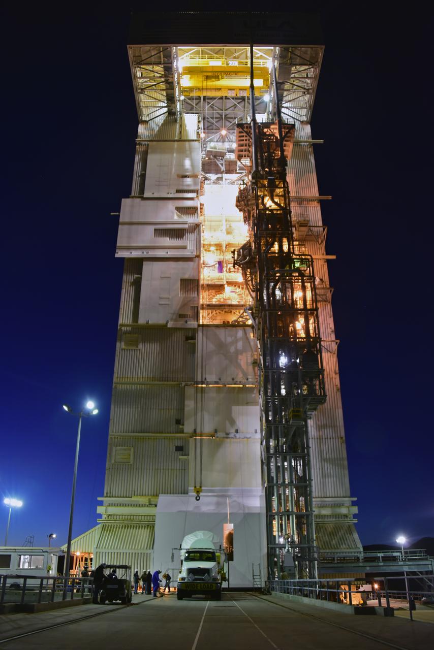 A United Launch Alliance Centaur upper stage arrives at Space Launch Complex 3 at Vandenberg Air Force Base in California. The rocket will launch NASA's Interior Exploration using Seismic Investigations, Geodesy and Heat Transport, or InSight, mission to land on Mars. InSight is the first mission to explore the Red Planet's deep interior. It will investigate processes that shaped the rocky planets of the inner solar system including Earth. Liftoff is scheduled for May 5, 2018.