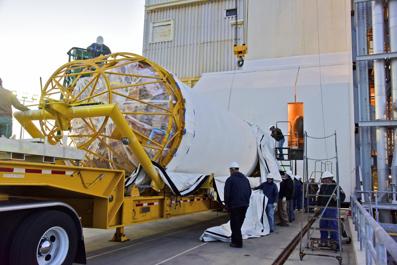 A United Launch Alliance Centaur upper stage arrives at Space Launch Complex 3 at Vandenberg Air Force Base in California. The rocket will launch NASA's Interior Exploration using Seismic Investigations, Geodesy and Heat Transport, or InSight, mission to land on Mars. InSight is the first mission to explore the Red Planet's deep interior. It will investigate processes that shaped the rocky planets of the inner solar system including Earth. Liftoff is scheduled for May 5, 2018.