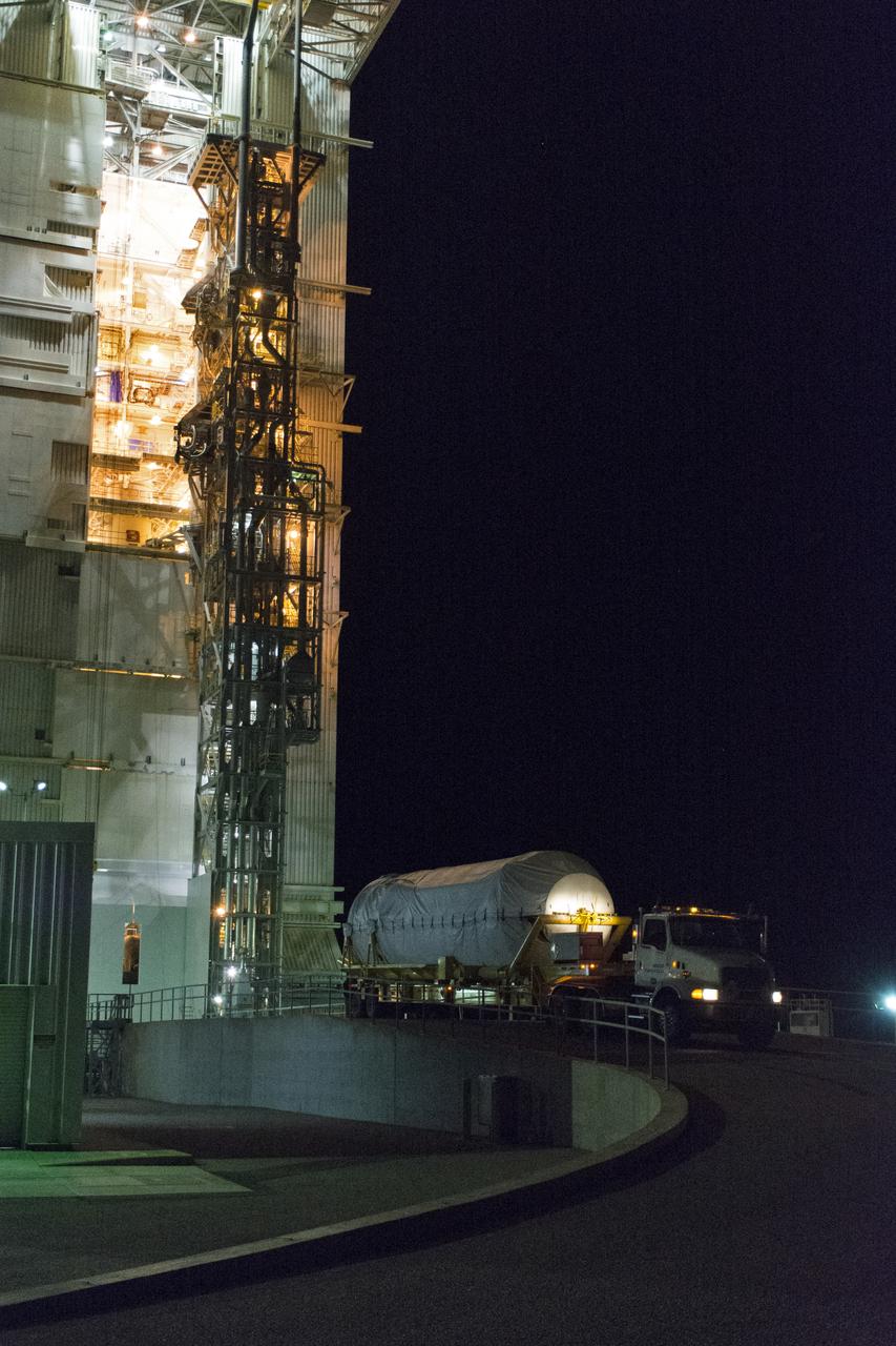 A United Launch Alliance Centaur upper stage arrives at Space Launch Complex 3 at Vandenberg Air Force Base in California. The rocket will launch NASA's Interior Exploration using Seismic Investigations, Geodesy and Heat Transport, or InSight, mission to land on Mars. InSight is the first mission to explore the Red Planet's deep interior. It will investigate processes that shaped the rocky planets of the inner solar system including Earth. Liftoff is scheduled for May 5, 2018.