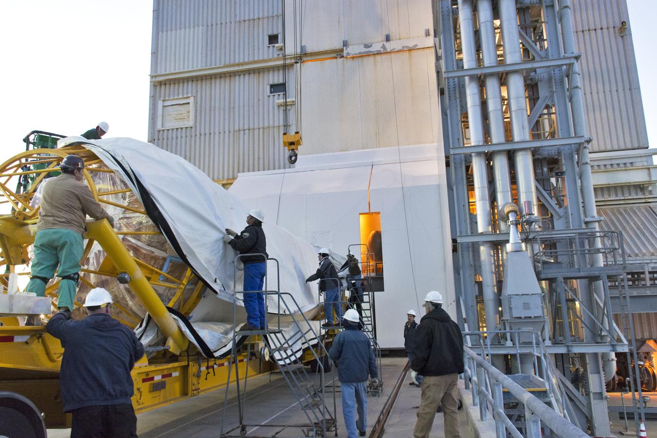 At Space Launch Complex 3 at Vandenberg Air Force Base in California technicians and engineers prepare a United Launch Alliance Centaur upper stage for lifting and mating atop an Atlas V booster. The rocket will launch NASA's Interior Exploration using Seismic Investigations, Geodesy and Heat Transport, or InSight, mission to land on Mars. InSight is the first mission to explore the Red Planet's deep interior. It will investigate processes that shaped the rocky planets of the inner solar system including Earth. Liftoff is scheduled for May 5, 2018.