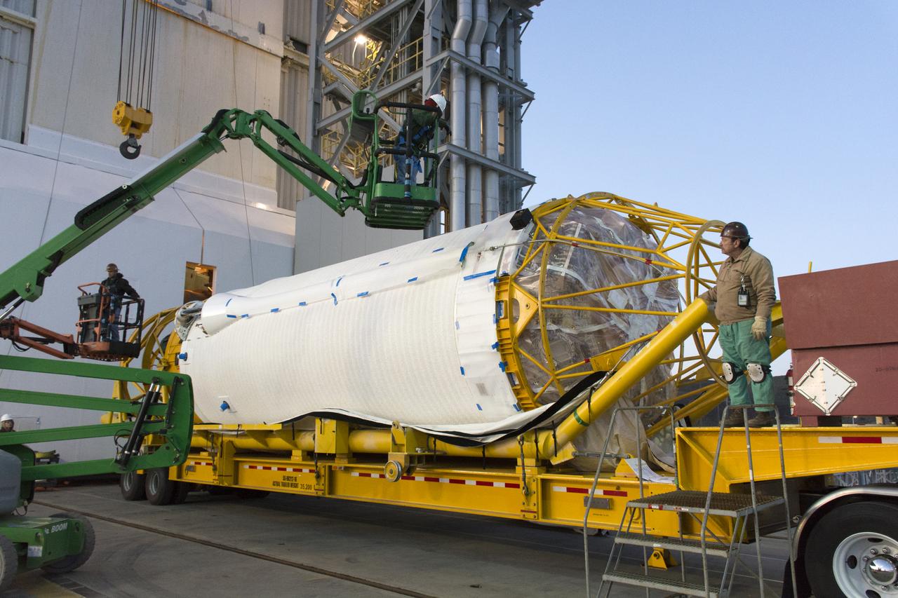At Space Launch Complex 3 at Vandenberg Air Force Base in California technicians and engineers prepare a United Launch Alliance Centaur upper stage for lifting and mating atop an Atlas V booster. The rocket will launch NASA's Interior Exploration using Seismic Investigations, Geodesy and Heat Transport, or InSight, mission to land on Mars. InSight is the first mission to explore the Red Planet's deep interior. It will investigate processes that shaped the rocky planets of the inner solar system including Earth. Liftoff is scheduled for May 5, 2018.