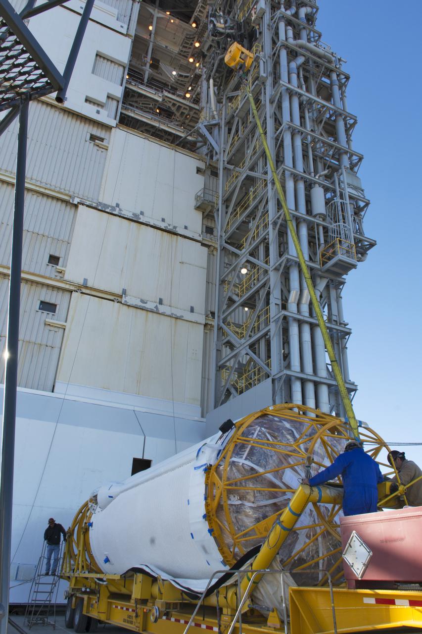 At Space Launch Complex 3 at Vandenberg Air Force Base in California technicians and engineers prepare a United Launch Alliance Centaur upper stage for lifting and mating atop an Atlas V booster. The rocket will launch NASA's Interior Exploration using Seismic Investigations, Geodesy and Heat Transport, or InSight, mission to land on Mars. InSight is the first mission to explore the Red Planet's deep interior. It will investigate processes that shaped the rocky planets of the inner solar system including Earth. Liftoff is scheduled for May 5, 2018.