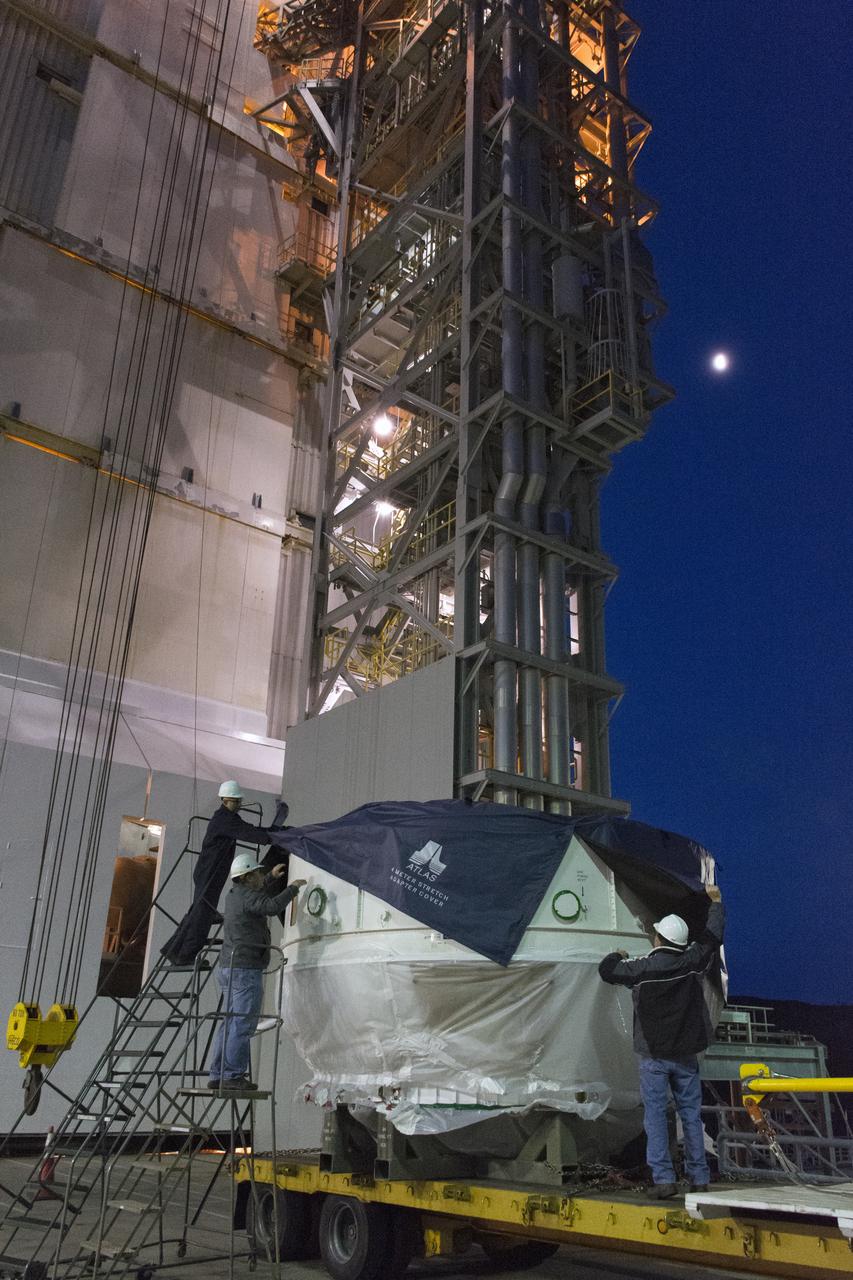 At Vandenberg Air Force Base in California, technicians prepare a boattail fairing for lifting atop a United Launch Alliance (ULA) Centaur upper stage at Space Launch Complex 3. The boattail is an adaptor providing an interface between the Centaur and the payload fairing encapsulating NASA's Interior Exploration using Seismic Investigations, Geodesy and Heat Transport, or InSight, spacecraft. A ULA Atlas V rocket is scheduled to liftoff on May 5, 2018, launching InSight the first mission to explore the deep interior of Mars. It will investigate processes that shaped the rocky planets of the inner solar system including Earth.