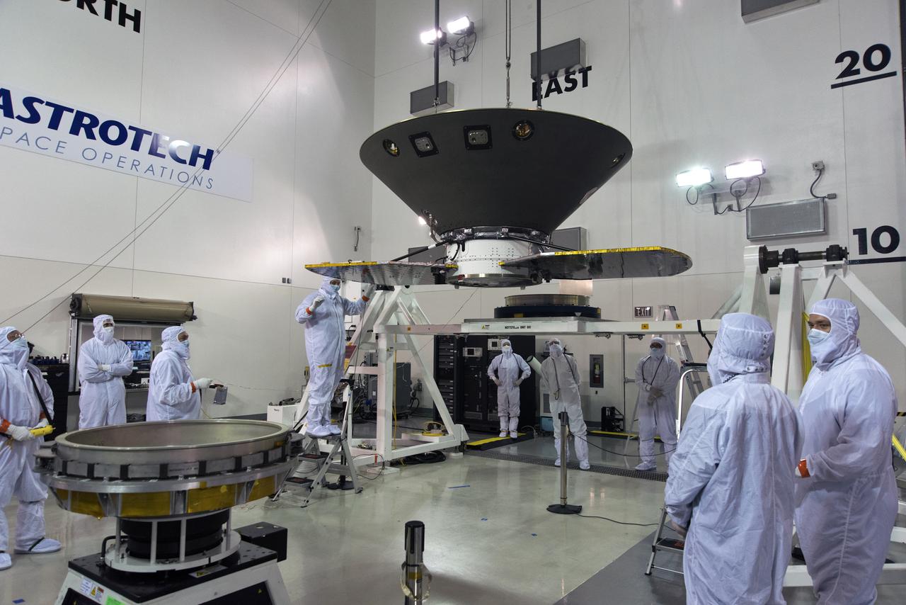 In the Astrotech facility at Vandenberg Air Force Base in California, NASA's Interior Exploration using Seismic Investigations, Geodesy and Heat Transport, or InSight, spacecraft is lifted for placement on a spin table during preflight processing. InSight will be the first mission to look deep beneath the Martian surface. It will study the planet's interior by measuring its heat output and listen for marsquakes. The spacecraft will use the seismic waves generated by marsquakes to develop a map of the planet’s deep interior. The resulting insight into Mars’ formation will provide a better understanding of how other rocky planets, including Earth, were created. InSight is scheduled for liftoff May 5, 2018.