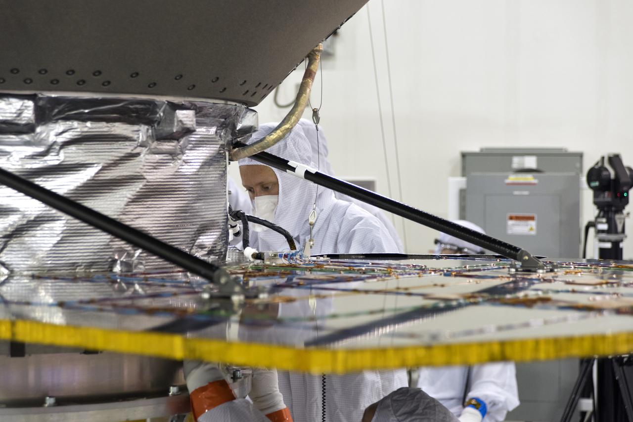 In the Astrotech facility at Vandenberg Air Force Base in California, NASA's Interior Exploration using Seismic Investigations, Geodesy and Heat Transport, or InSight, spacecraft is placed on a spin table during preflight processing. InSight will be the first mission to look deep beneath the Martian surface. It will study the planet's interior by measuring its heat output and listen for marsquakes. The spacecraft will use the seismic waves generated by marsquakes to develop a map of the planet’s deep interior. The resulting insight into Mars’ formation will provide a better understanding of how other rocky planets, including Earth, were created. InSight is scheduled for liftoff May 5, 2018.