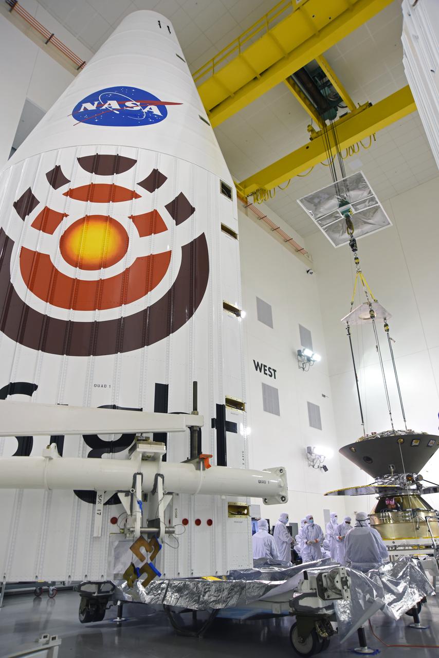 In the Astrotech facility at Vandenberg Air Force Base in California, NASA's Interior Exploration using Seismic Investigations, Geodesy and Heat Transport, or InSight, Mars lander is prepared for encapsulation in its payload fairing. InSight will be the first mission to look deep beneath the Martian surface. It will study the planet's interior by measuring its heat output and listen for marsquakes. The spacecraft will use the seismic waves generated by marsquakes to develop a map of the planet’s deep interior. The resulting insight into Mars’ formation will provide a better understanding of how other rocky planets, including Earth, were created. InSight is scheduled for liftoff May 5, 2018.