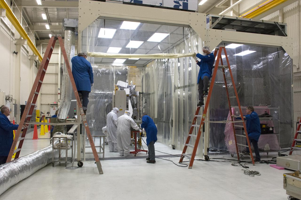 NASA's Ionospheric Connection Explorer (ICON) is moved to a clean room on May 4, 2018, inside Building 1555 at Vandenberg Air Force Base in California. The explorer will launch on June 15, 2018, from Kwajalein Atoll in the Marshall Islands (June 14 in the continental United States) on Orbital ATK's Pegasus XL rocket, which is attached to the company's L-1011 Stargazer aircraft. ICON will study the frontier of space - the dynamic zone high in Earth's atmosphere where terrestrial weather from below meets space weather above. The explorer will help determine the physics of Earth's space environment and pave the way for mitigating its effects on our technology, communications systems and society.
