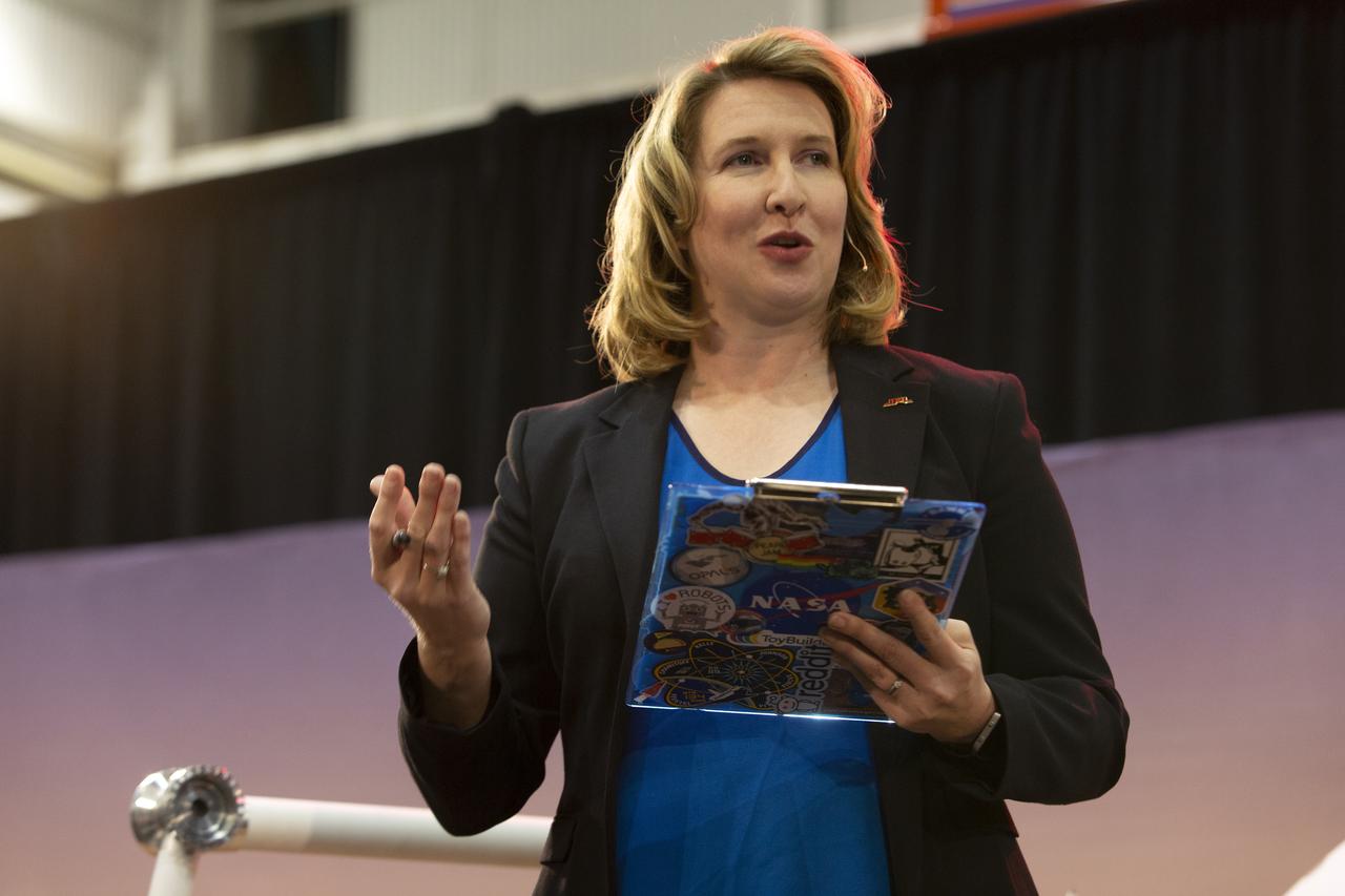 During a prelaunch briefing at Vandenberg Air Force Base in California, Stephanie Smith, NASA Communications, speaks to members of the media. The presentation focused on NASA's Interior Exploration using Seismic Investigations, Geodesy and Heat Transport, or InSight, Mars lander. InSight is scheduled for liftoff May 5, 2018, atop a United Launch Alliance (ULA) Atlas V rocket from Space Launch Complex 3 at Vandenberg. The spacecraft will be the first mission to look deep beneath the Martian surface studying the planet's interior by measuring its heat output and listen for marsquakes.