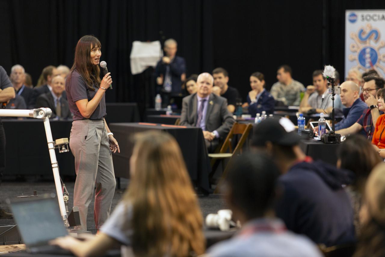 During a prelaunch briefing at Vandenberg Air Force Base in California, Annick Sylvestre-Baron, Deputy Project Manager for InSight Seismometer Investigation at CNES, speaks to members of the media. The presentation focused on NASA's Interior Exploration using Seismic Investigations, Geodesy and Heat Transport, or InSight, Mars lander. InSight is scheduled for liftoff May 5, 2018, atop a United Launch Alliance (ULA) Atlas V rocket from Space Launch Complex 3 at Vandenberg. The spacecraft will be the first mission to look deep beneath the Martian surface studying the planet's interior by measuring its heat output and listen for marsquakes.