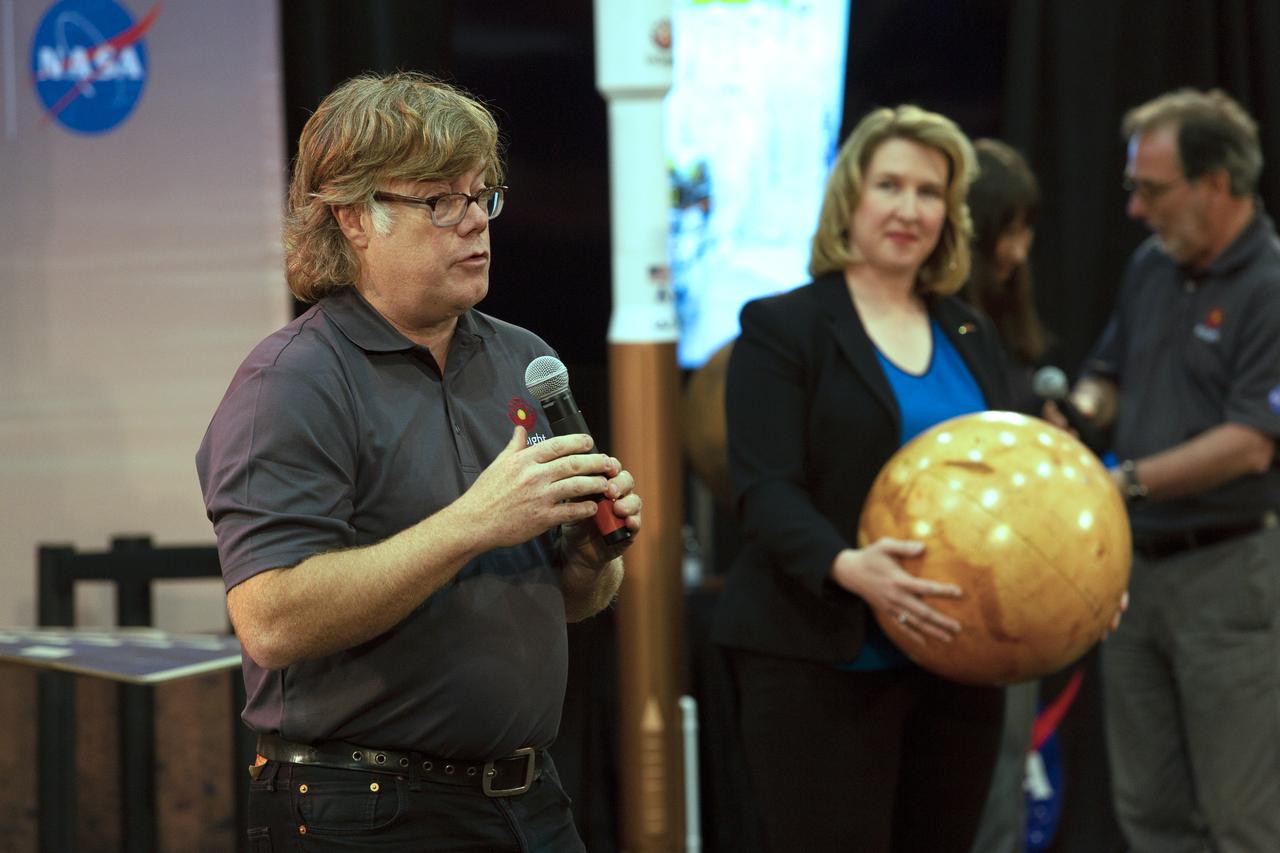 During a prelaunch briefing at Vandenberg Air Force Base in California, Philippe Lognonne, SEIS Investigation Lead at Institut de Physique du Globe de Paris, speaks to members of the media. The presentation focused on NASA's Interior Exploration using Seismic Investigations, Geodesy and Heat Transport, or InSight, Mars lander. InSight is scheduled for liftoff May 5, 2018, atop a United Launch Alliance (ULA) Atlas V rocket from Space Launch Complex 3 at Vandenberg. The spacecraft will be the first mission to look deep beneath the Martian surface studying the planet's interior by measuring its heat output and listen for marsquakes.