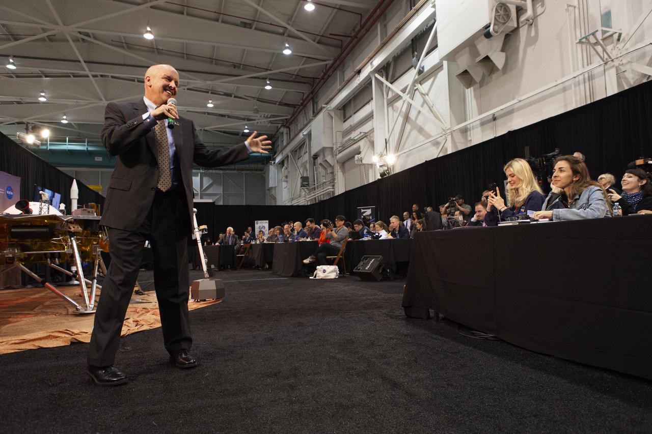 During a prelaunch briefing at Vandenberg Air Force Base in California, Tim Dunn, Launch Director for NASA's Launch Services Program, speaks to members of the media. The presentation focused on NASA's Interior Exploration using Seismic Investigations, Geodesy and Heat Transport, or InSight, Mars lander. InSight is scheduled for liftoff May 5, 2018, atop a United Launch Alliance (ULA) Atlas V rocket from Space Launch Complex 3 at Vandenberg. The spacecraft will be the first mission to look deep beneath the Martian surface studying the planet's interior by measuring its heat output and listen for marsquakes.