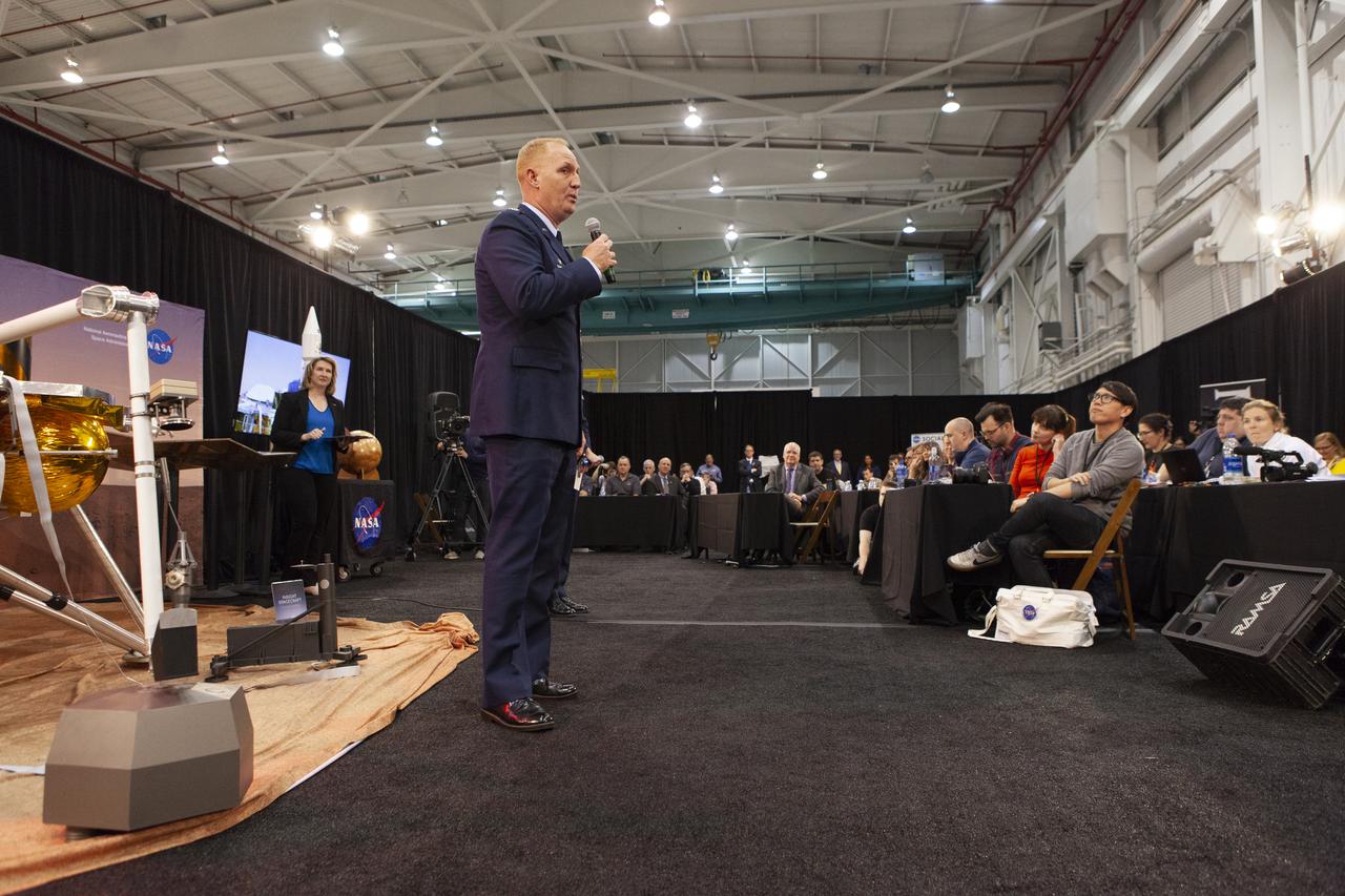 During a prelaunch briefing at Vandenberg Air Force Base in California, Col. Michael Hough, Commander 30th Space Wing, speaks to members of the media. The presentation focused on NASA's Interior Exploration using Seismic Investigations, Geodesy and Heat Transport, or InSight, Mars lander. InSight is scheduled for liftoff May 5, 2018, atop a United Launch Alliance (ULA) Atlas V rocket from Space Launch Complex 3 at Vandenberg. The spacecraft will be the first mission to look deep beneath the Martian surface studying the planet's interior by measuring its heat output and listen for marsquakes.