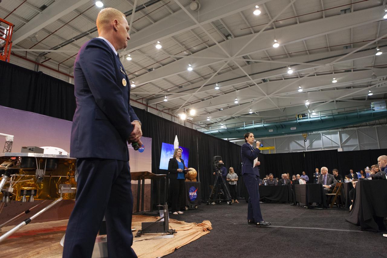 During a prelaunch briefing at Vandenberg Air Force Base in California, Col. Michael Hough, Commander 30th Space Wing (left), and 1st Lt. Kristina Williams, 30th Space Wing Weather Officer (right), speak to members of the media. The presentation focused on NASA's Interior Exploration using Seismic Investigations, Geodesy and Heat Transport, or InSight, Mars lander. InSight is scheduled for liftoff May 5, 2018, atop a United Launch Alliance (ULA) Atlas V rocket from Space Launch Complex 3 at Vandenberg. The spacecraft will be the first mission to look deep beneath the Martian surface studying the planet's interior by measuring its heat output and listen for marsquakes.