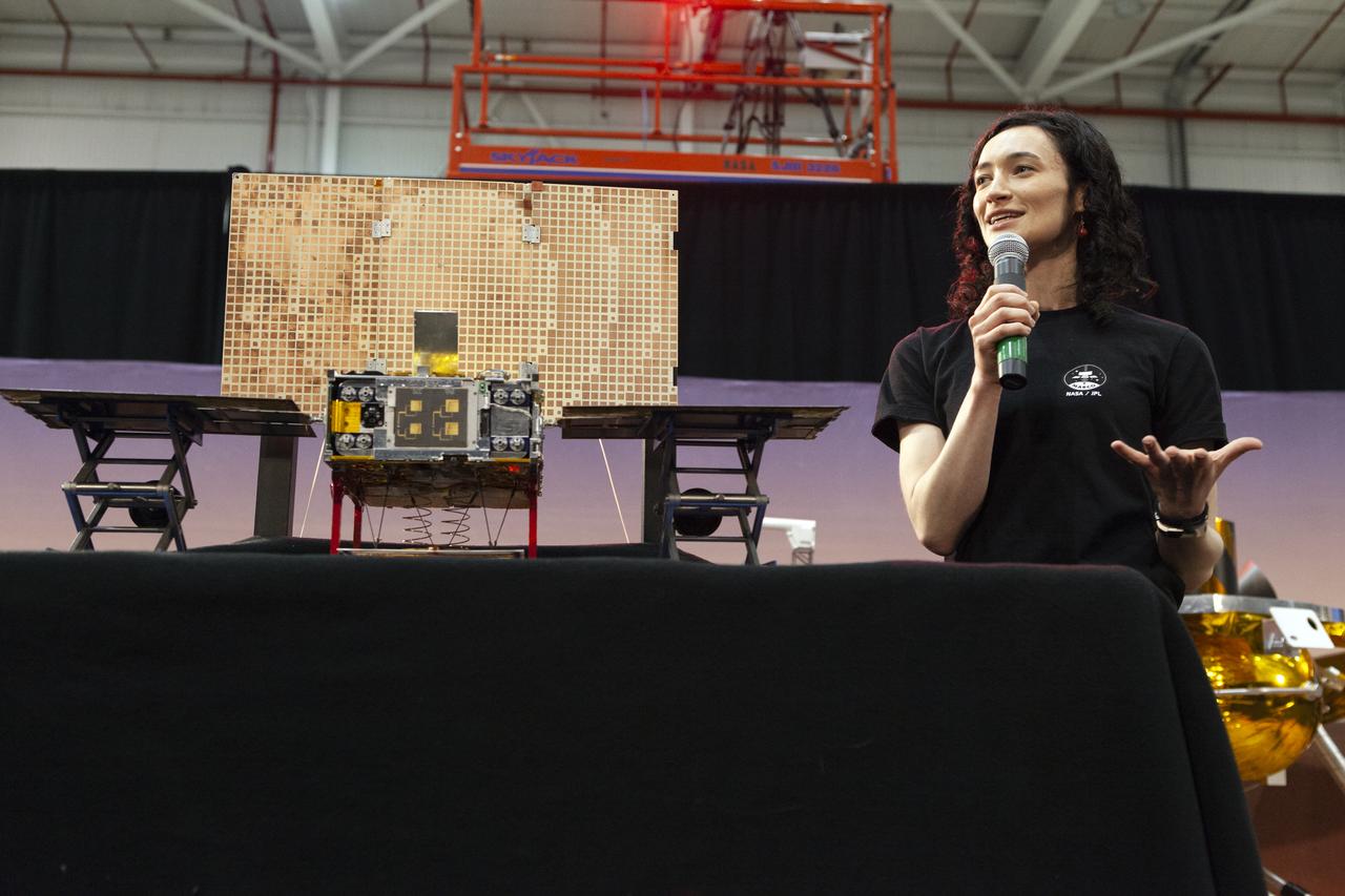 During a prelaunch briefing at Vandenberg Air Force Base in California, Annie Marinan, MarCO Systems Engineer at NASA's Jet Propulsion Laboratory, speaks to members of the media. The presentation focused on NASA's Interior Exploration using Seismic Investigations, Geodesy and Heat Transport, or InSight, Mars lander. InSight is scheduled for liftoff May 5, 2018, atop a United Launch Alliance (ULA) Atlas V rocket from Space Launch Complex 3 at Vandenberg. The spacecraft will be the first mission to look deep beneath the Martian surface studying the planet's interior by measuring its heat output and listen for marsquakes.