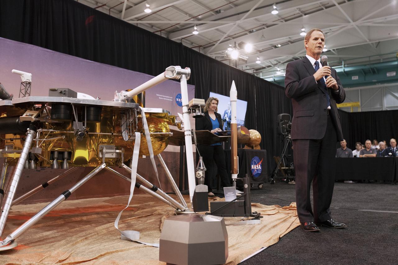 During a prelaunch briefing at Vandenberg Air Force Base in California, Scott Messer, United Launch Alliance's Program Manager for NASA Missions, speaks to members of the media. The presentation focused on NASA's Interior Exploration using Seismic Investigations, Geodesy and Heat Transport, or InSight, Mars lander. InSight is scheduled for liftoff May 5, 2018, atop a United Launch Alliance Atlas V rocket from Space Launch Complex 3 at Vandenberg. The spacecraft will be the first mission to look deep beneath the Martian surface studying the planet's interior by measuring its heat output and listen for marsquakes.