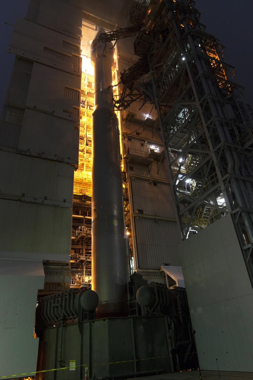 At Vandenberg Air Force Base in California, the gantry rolls back at Space Launch Complex 3 in preparation for the liftoff of NASA's Interior Exploration using Seismic Investigations, Geodesy and Heat Transport, or InSight, Mars lander. The United Launch Alliance Atlas V rocket now is poised to boost the spacecraft with liftoff scheduled for 4:05 a.m. PDT (7:05 a.m. EDT). InSight will be the first mission to look deep beneath the Martian surface. It will study the planet's interior by measuring its heat output and listen for marsquakes. InSight will use the seismic waves generated by marsquakes to develop a map of the planet’s deep interior. The resulting insight into Mars’ formation will provide a better understanding of how other rocky planets, including Earth, were created.