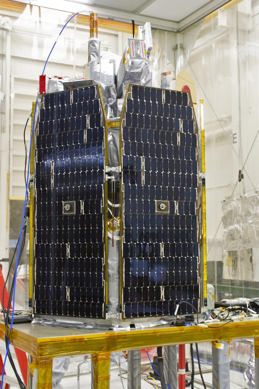 NASA's Ionospheric Connection Explorer (ICON) is prepared for a solar array illumination test in a clean room inside Building 1555 at Vandenberg Air Force Base in California on May 4, 2018. The test checks for any imperfections and confirms that the solar arrays are functioning properly. The explorer will launch on June 15, 2018, from Kwajalein Atoll in the Marshall Islands (June 14 in the continental United States) on Orbital ATK's Pegasus XL rocket, which is attached to the company's L-1011 Stargazer aircraft. ICON will study the frontier of space - the dynamic zone high in Earth's atmosphere where terrestrial weather from below meets space weather above. The explorer will help determine the physics of Earth's space environment and pave the way for mitigating its effects on our technology, communications systems and society.