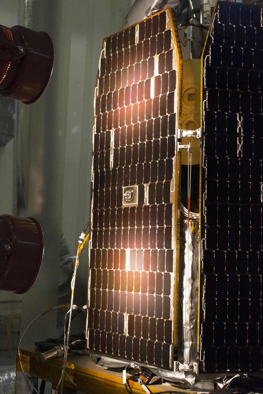 A solar array illumination test is performed on NASA's Ionospheric Connection Explorer (ICON) in a clean room inside Building 1555 at Vandenberg Air Force Base in California on May 4, 2018. The test checks for any imperfections and confirms that the solar arrays are functioning properly. The explorer will launch on June 15, 2018, from Kwajalein Atoll in the Marshall Islands (June 14 in the continental United States) on Orbital ATK's Pegasus XL rocket, which is attached to the company's L-1011 Stargazer aircraft. ICON will study the frontier of space - the dynamic zone high in Earth's atmosphere where terrestrial weather from below meets space weather above. The explorer will help determine the physics of Earth's space environment and pave the way for mitigating its effects on our technology, communications systems and society.