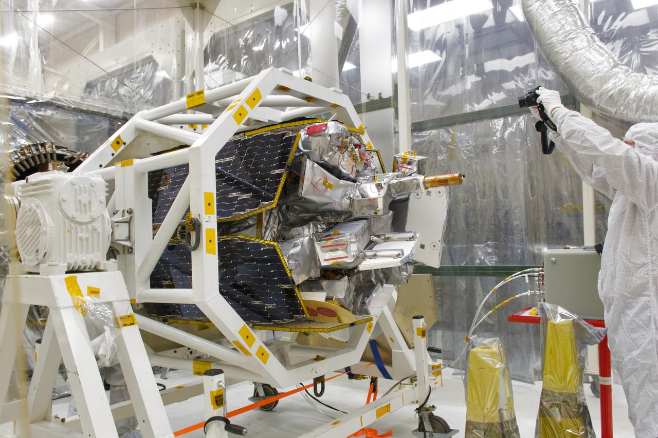 NASA's Ionospheric Connection Explorer (ICON) is in the horizontal position May 11, 2018, inside a clean room in Building 1555 at Vandenberg Air Force Base in California. ICON is being prepared to be attached to the Orbital ATK Pegasus XL rocket. The explorer will launch on June 15, 2018, from Kwajalein Atoll in the Marshall Islands (June 14 in the continental United States) on the Pegasus XL rocket, which is attached to the company's L-1011 Stargazer aircraft. ICON will study the frontier of space - the dynamic zone high in Earth's atmosphere where terrestrial weather from below meets space weather above. The explorer will help determine the physics of Earth's space environment and pave the way for mitigating its effects on our technology, communications systems and society.