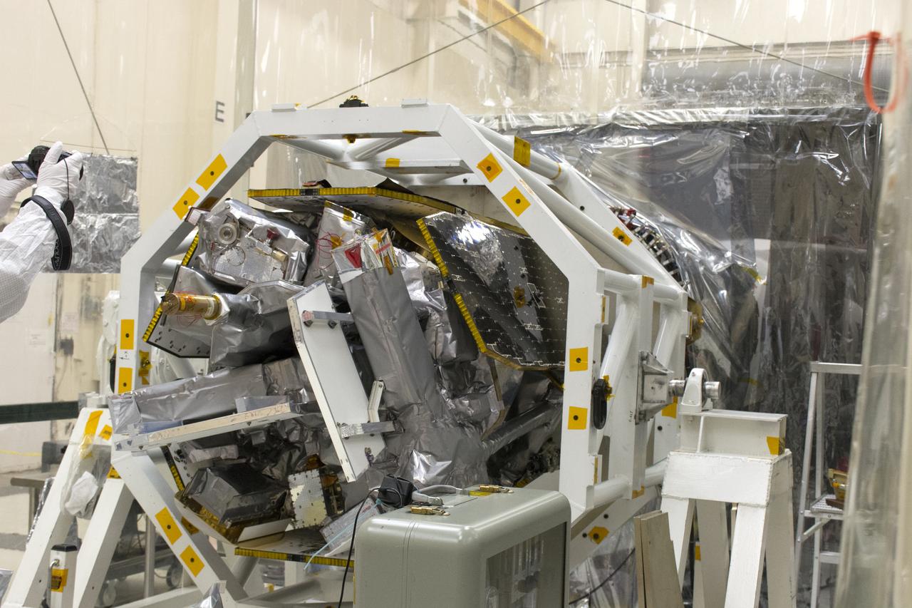 NASA's Ionospheric Connection Explorer (ICON) is in the horizontal position May 11, 2018, inside a clean room in Building 1555 at Vandenberg Air Force Base in California. ICON is being prepared to be attached to the Orbital ATK Pegasus XL rocket. The explorer will launch on June 15, 2018, from Kwajalein Atoll in the Marshall Islands (June 14 in the continental United States) on the Pegasus XL rocket, which is attached to the company's L-1011 Stargazer aircraft. ICON will study the frontier of space - the dynamic zone high in Earth's atmosphere where terrestrial weather from below meets space weather above. The explorer will help determine the physics of Earth's space environment and pave the way for mitigating its effects on our technology, communications systems and society.