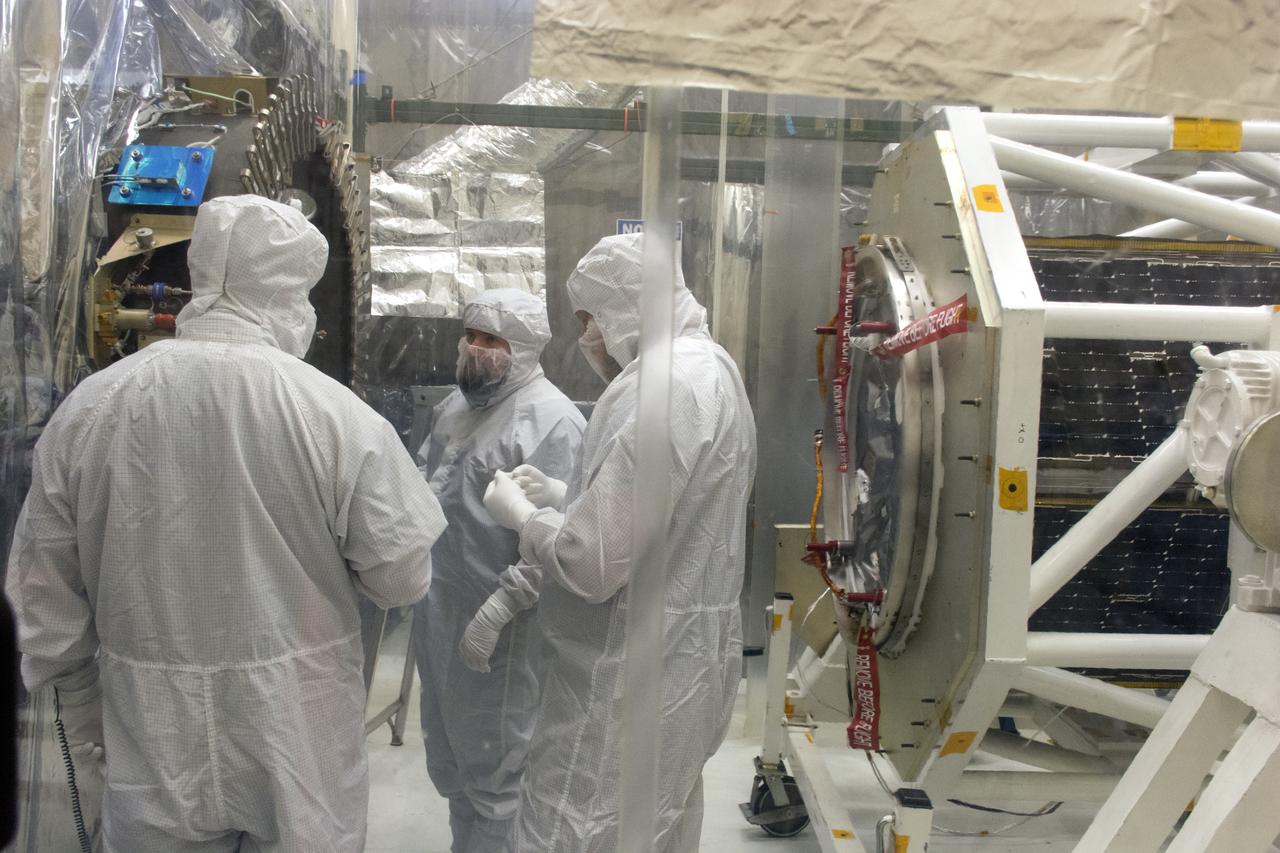 Technicians prepare NASA's Ionospheric Connection Explorer (ICON) for mating to the Orbital ATK Pegasus XL rocket May 14, 2018, inside a clean room in Building 1555 at Vandenberg Air Force Base in California. The explorer will launch on June 15, 2018, from Kwajalein Atoll in the Marshall Islands (June 14 in the continental United States) on the Pegasus XL rocket, which is attached to the company's L-1011 Stargazer aircraft. ICON will study the frontier of space - the dynamic zone high in Earth's atmosphere where terrestrial weather from below meets space weather above. The explorer will help determine the physics of Earth's space environment and pave the way for mitigating its effects on our technology, communications systems and society.