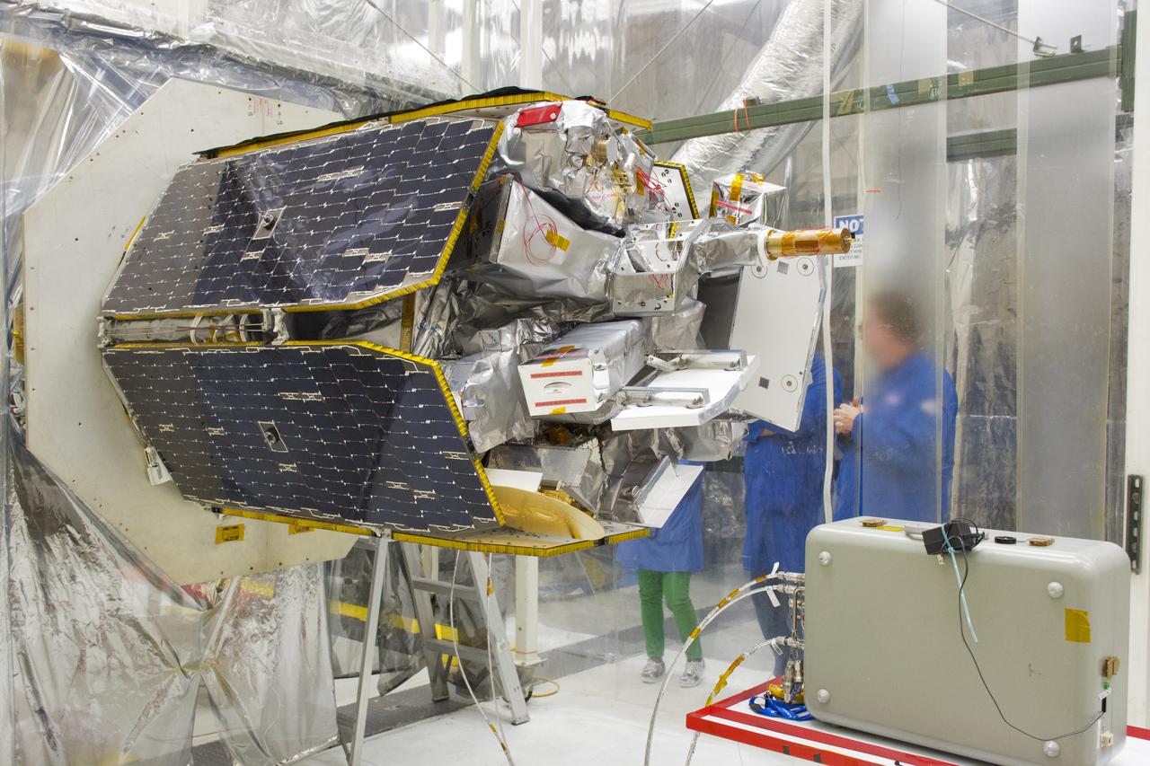 NASA's Ionospheric Connection Explorer (ICON) is attached to the Orbital ATK Pegasus XL rocket May 14, 2018, inside a clean room in Building 1555 at Vandenberg Air Force Base in California. The explorer will launch on June 15, 2018, from Kwajalein Atoll in the Marshall Islands (June 14 in the continental United States) on the Pegasus XL rocket, which is attached to the company's L-1011 Stargazer aircraft. ICON will study the frontier of space - the dynamic zone high in Earth's atmosphere where terrestrial weather from below meets space weather above. The explorer will help determine the physics of Earth's space environment and pave the way for mitigating its effects on our technology, communications systems and society.