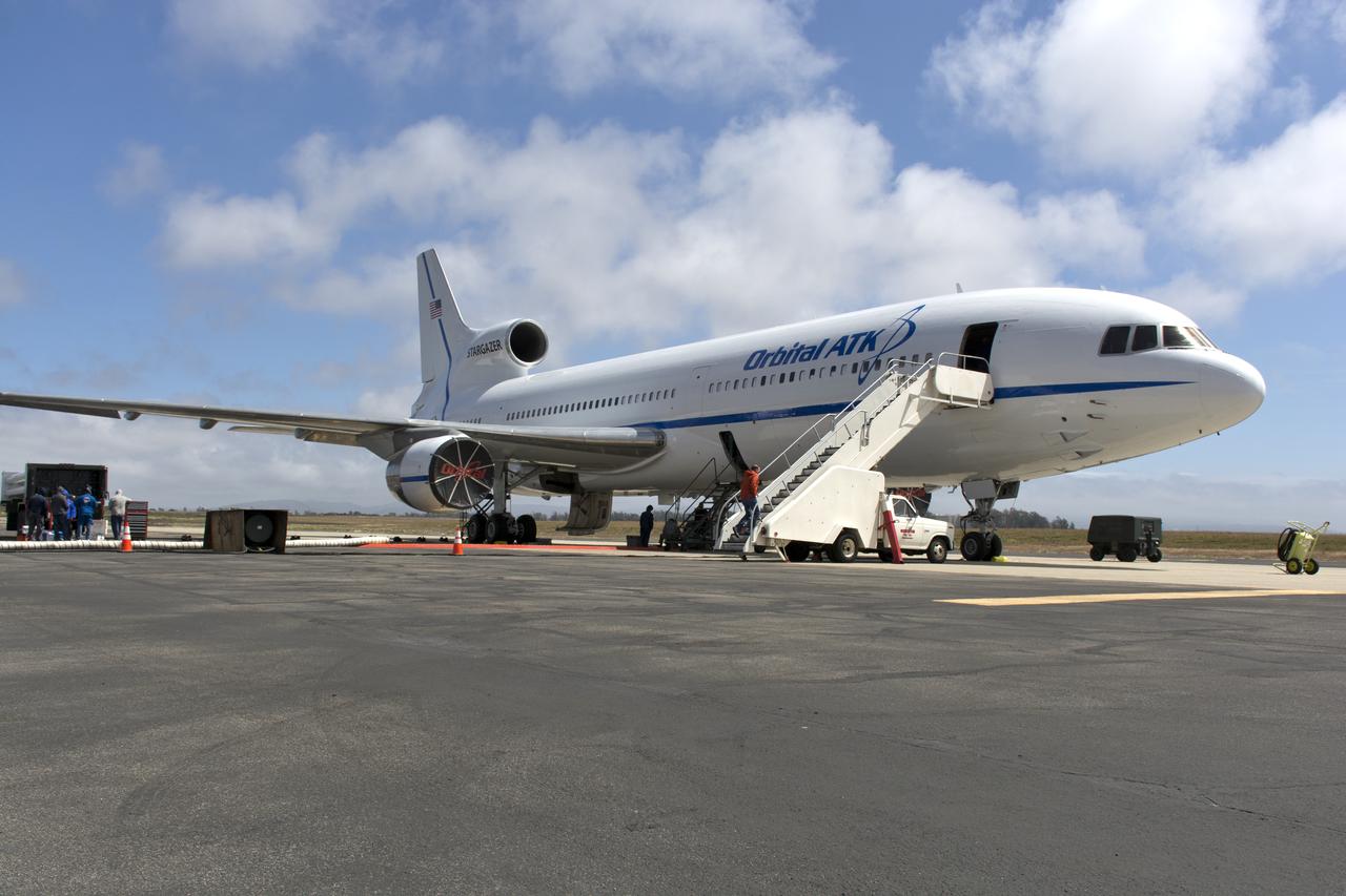 Northrop Grumman's L-1011 Stargazer aircraft is at the hot pad at Vandenberg Air Force Base in California on May 26, 2018. Preparations are underway to attach the company's Pegasus XL rocket, containing NASA's Ionospheric Connection Explorer (ICON), beneath the aircraft. The explorer will launch on June 15, 2018, from Kwajalein Atoll in the Marshall Islands (June 14 in the continental United States). ICON will study the frontier of space - the dynamic zone high in Earth's atmosphere where terrestrial weather from below meets space weather above. The explorer will help determine the physics of Earth's space environment and pave the way for mitigating its effects on our technology, communications systems and society.