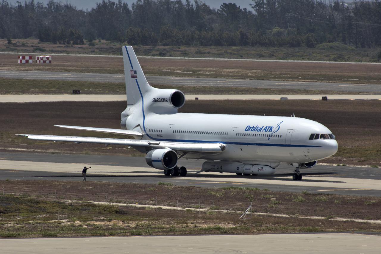 Northrop Grumman's L-1011 Stargazer prepares for takeoff June 6, 2018, from the hot pad at Vandenberg Air Force Base in California.  The company's Pegasus XL rocket, containing NASA's Ionospheric Connection Explorer (ICON), is attached beneath the aircraft. The explorer will launch on June 15, 2018, from Kwajalein Atoll in the Marshall Islands (June 14 in the continental United States). ICON will study the frontier of space - the dynamic zone high in Earth's atmosphere where terrestrial weather from below meets space weather above. The explorer will help determine the physics of Earth's space environment and pave the way for mitigating its effects on our technology, communications systems and society.