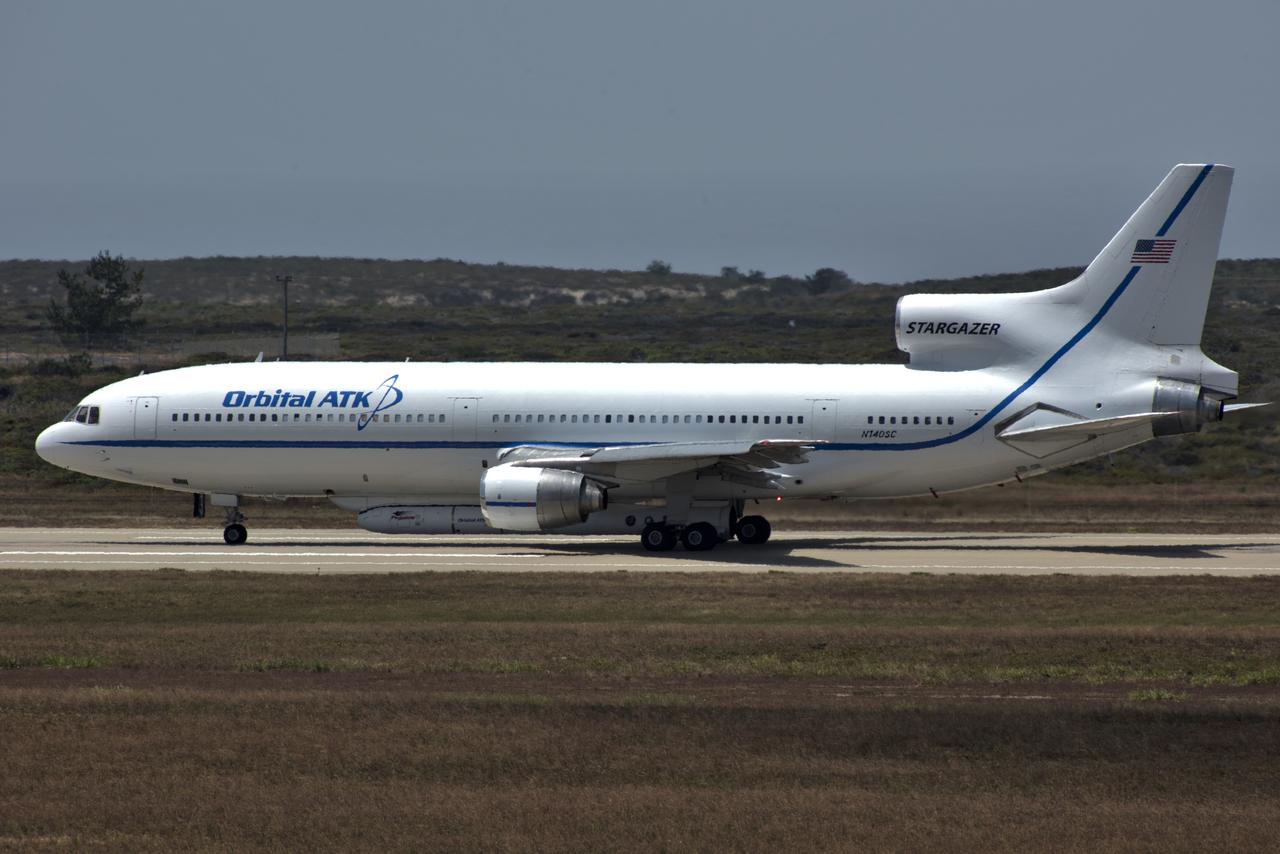 Northrop Grumman's L-1011 Stargazer prepares for takeoff June 6, 2018, from the hot pad at Vandenberg Air Force Base in California.  The company's Pegasus XL rocket, containing NASA's Ionospheric Connection Explorer (ICON), is attached beneath the aircraft. The explorer will launch on June 15, 2018, from Kwajalein Atoll in the Marshall Islands (June 14 in the continental United States). ICON will study the frontier of space - the dynamic zone high in Earth's atmosphere where terrestrial weather from below meets space weather above. The explorer will help determine the physics of Earth's space environment and pave the way for mitigating its effects on our technology, communications systems and society.