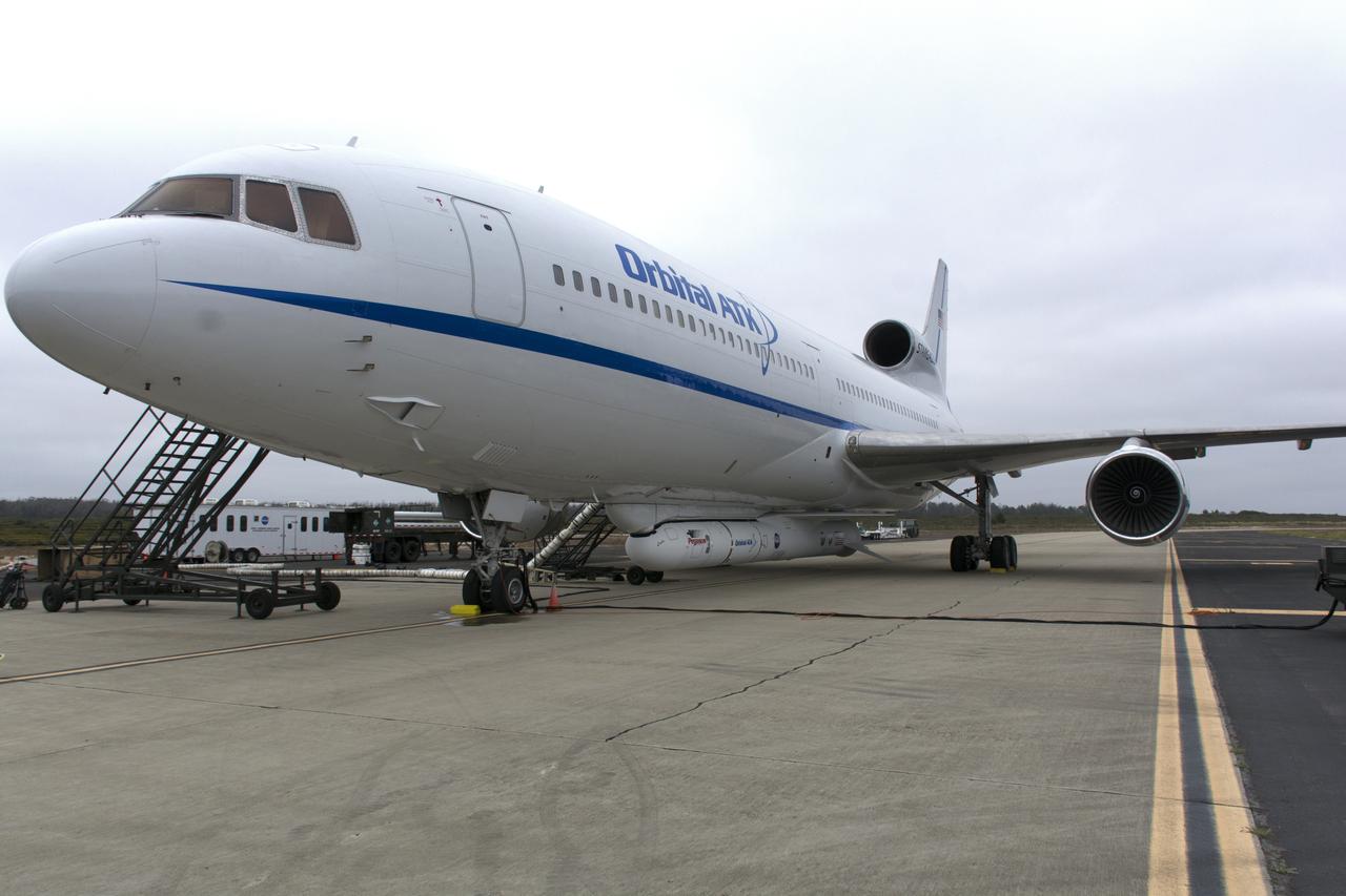 Northrop Grumman's L-1011 Stargazer is being readied for takeoff June 6, 2018, from the hot pad at Vandenberg Air Force Base in California.  The company's Pegasus XL rocket, containing NASA's Ionospheric Connection Explorer (ICON), is attached beneath the aircraft. The explorer will launch on June 15, 2018, from Kwajalein Atoll in the Marshall Islands (June 14 in the continental United States). ICON will study the frontier of space - the dynamic zone high in Earth's atmosphere where terrestrial weather from below meets space weather above. The explorer will help determine the physics of Earth's space environment and pave the way for mitigating its effects on our technology, communications systems and society.