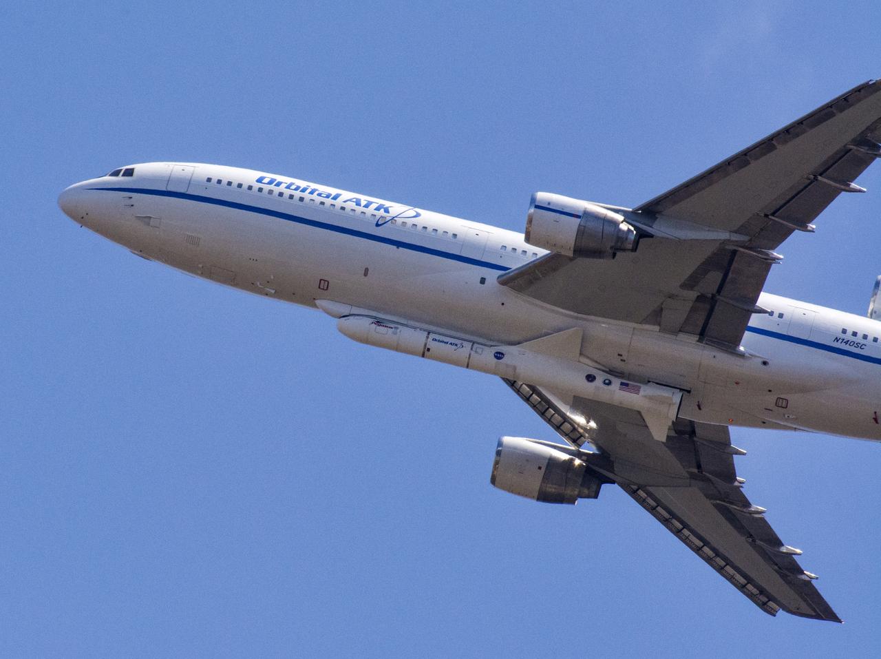 Northrop Grumman's L-1011 Stargazer soars upward after takeoff from the hot pad at Vandenberg Air Force Base in California on June 6, 2018. The company's Pegasus XL rocket, containing NASA's Ionospheric Connection Explorer (ICON), is attached beneath the aircraft. The explorer will launch on June 15, 2018, from Kwajalein Atoll in the Marshall Islands (June 14 in the continental United States). ICON will study the frontier of space - the dynamic zone high in Earth's atmosphere where terrestrial weather from below meets space weather above. The explorer will help determine the physics of Earth's space environment and pave the way for mitigating its effects on our technology, communications systems and society.